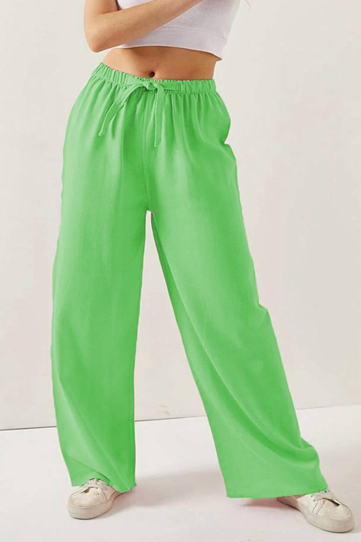 Levně Madmext Green Wide Leg Linen Trousers
