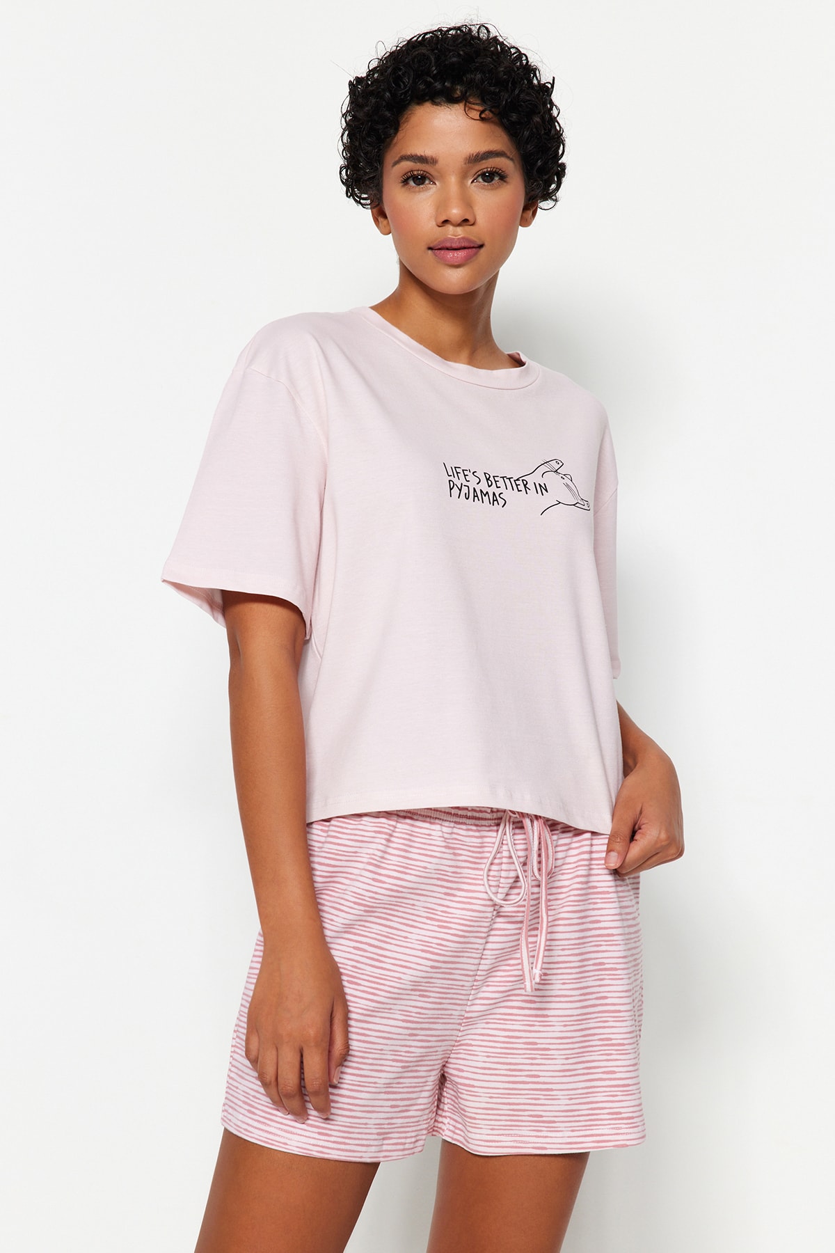 Trendyol Powder Striped Motto Printed Cotton T-shirt-Shorts Knitted Pajamas Set