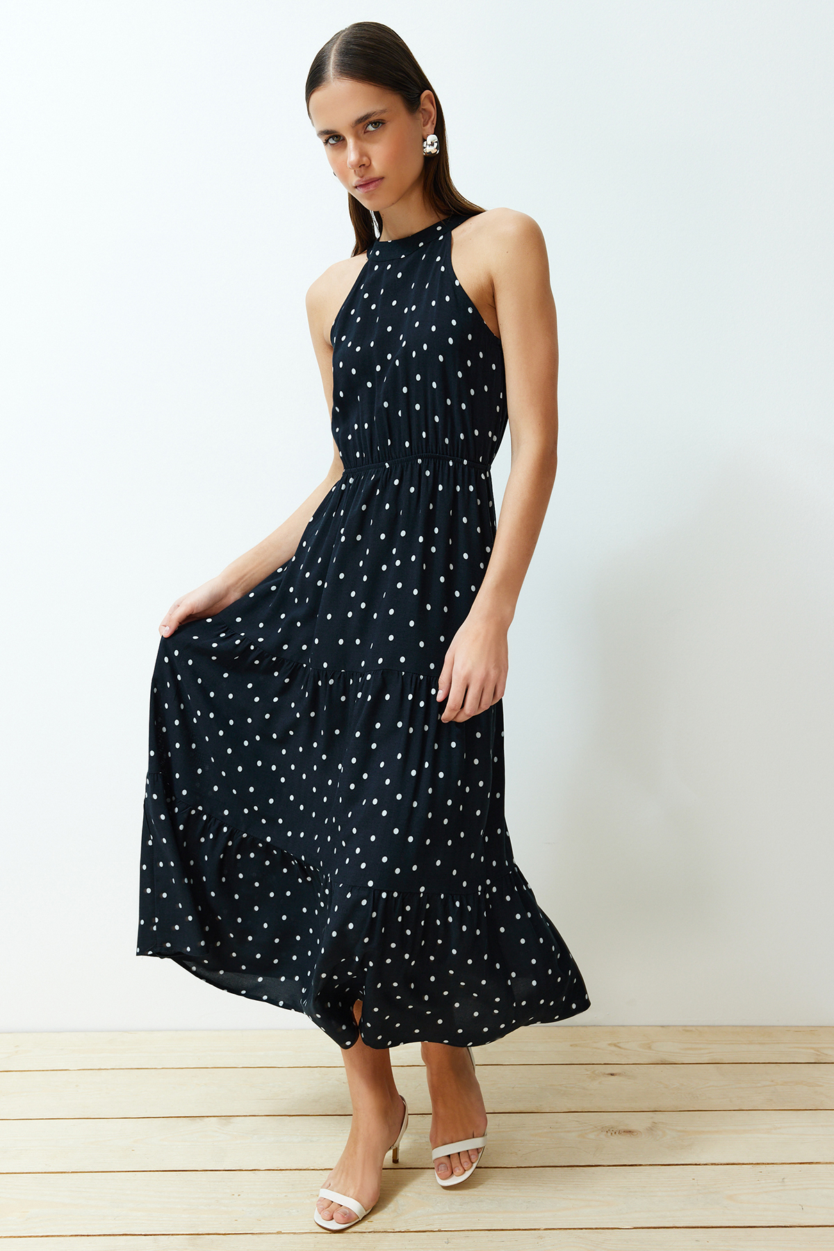 Trendyol Black Polka Dot Waist Opening Viscose Midi Woven Dress