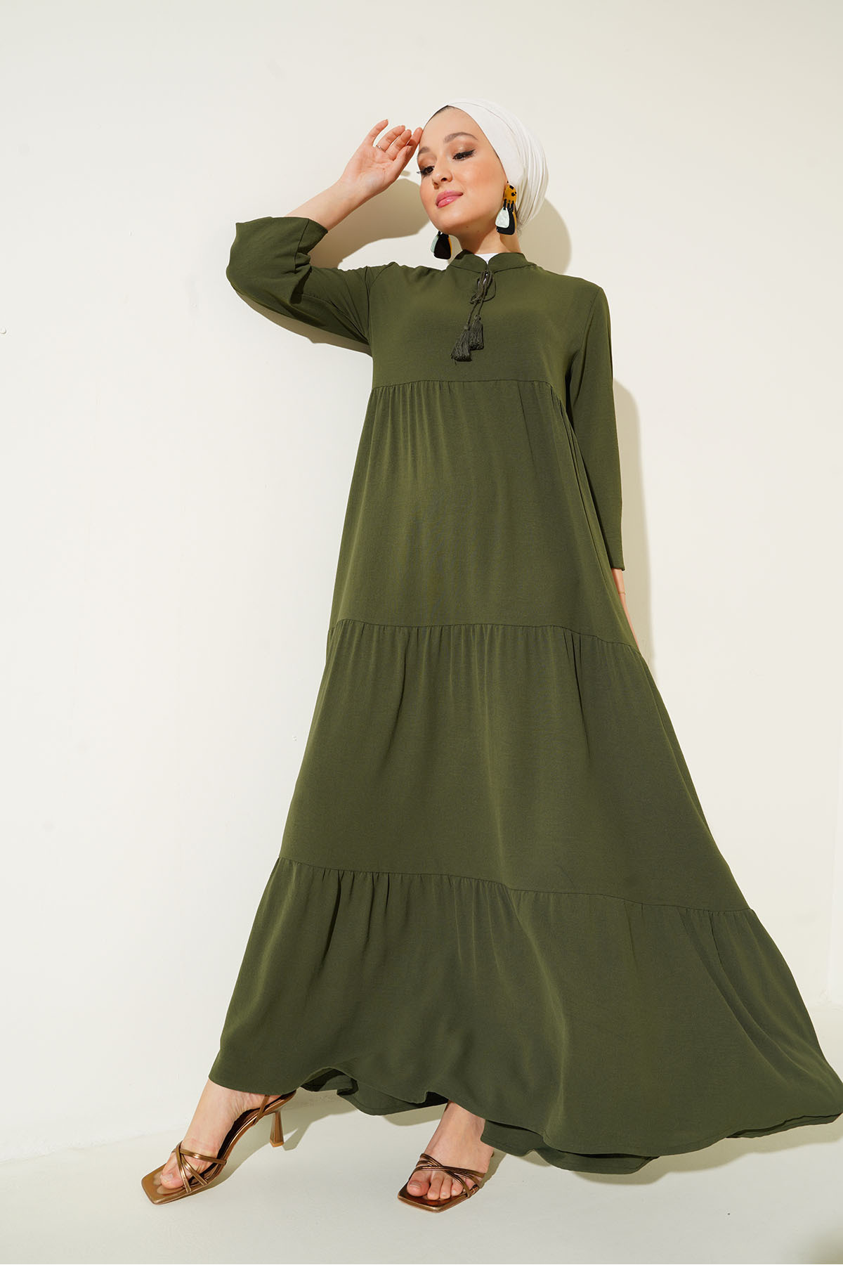 Levně Bigdart 1627 Collar Lace-up Hijab Dress - D.khaki