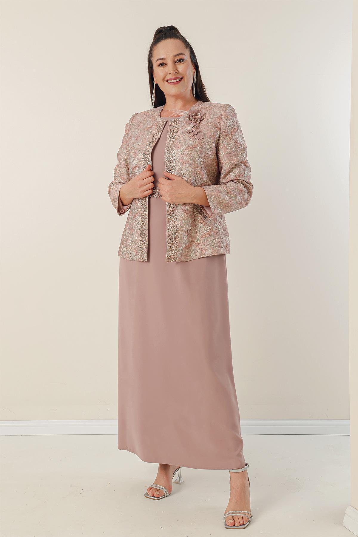Autor: Saygı Krepové šaty s dlhým rukávom s korálkovými korálkami v páse a žakárom podšitou bundou plus 2-dielny oblek