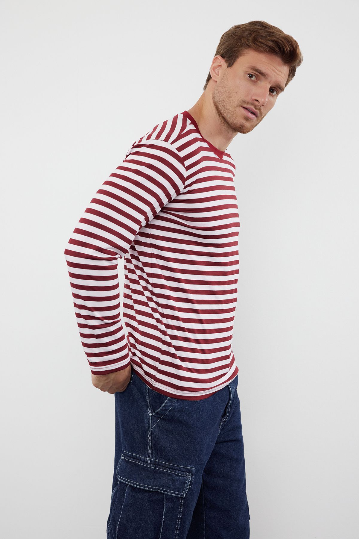 Trendyol Claret Red Oversize/Wide Cut Striped Crew Neck Long Sleeve T-Shirt