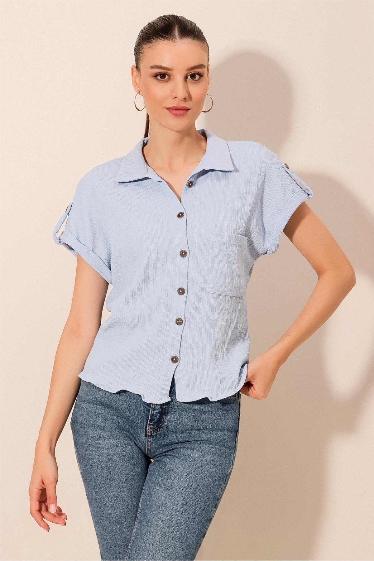 Levně Bigdart 20187 Short Sleeve Oversize Knitted Shirt - Blue