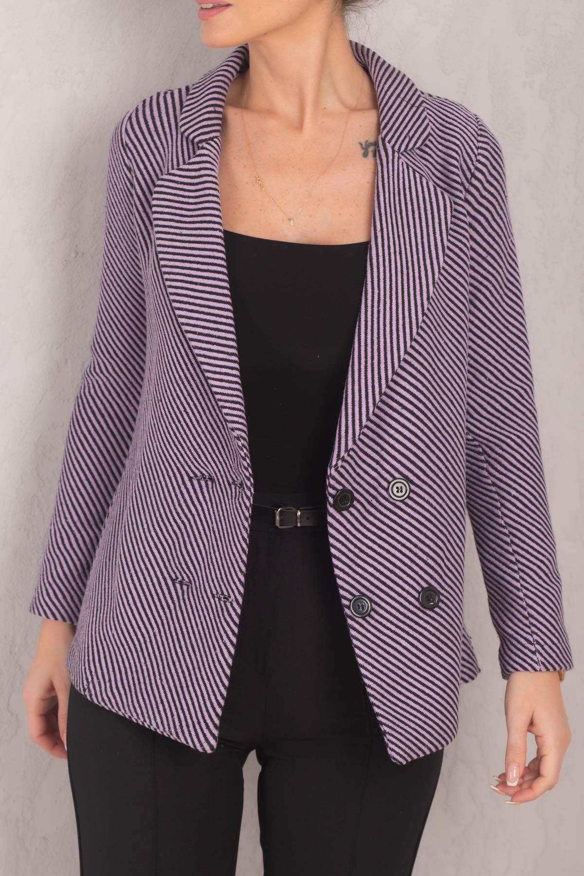 Levně armonika Women's Lilac Stripe Patterned Four Button Cachet Jacket