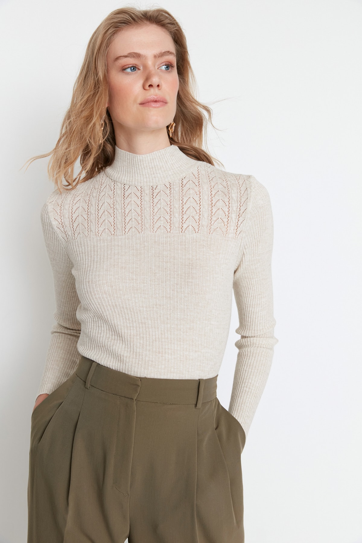 Trendyol Stone Openwork/Perforated Knitwear Sweater