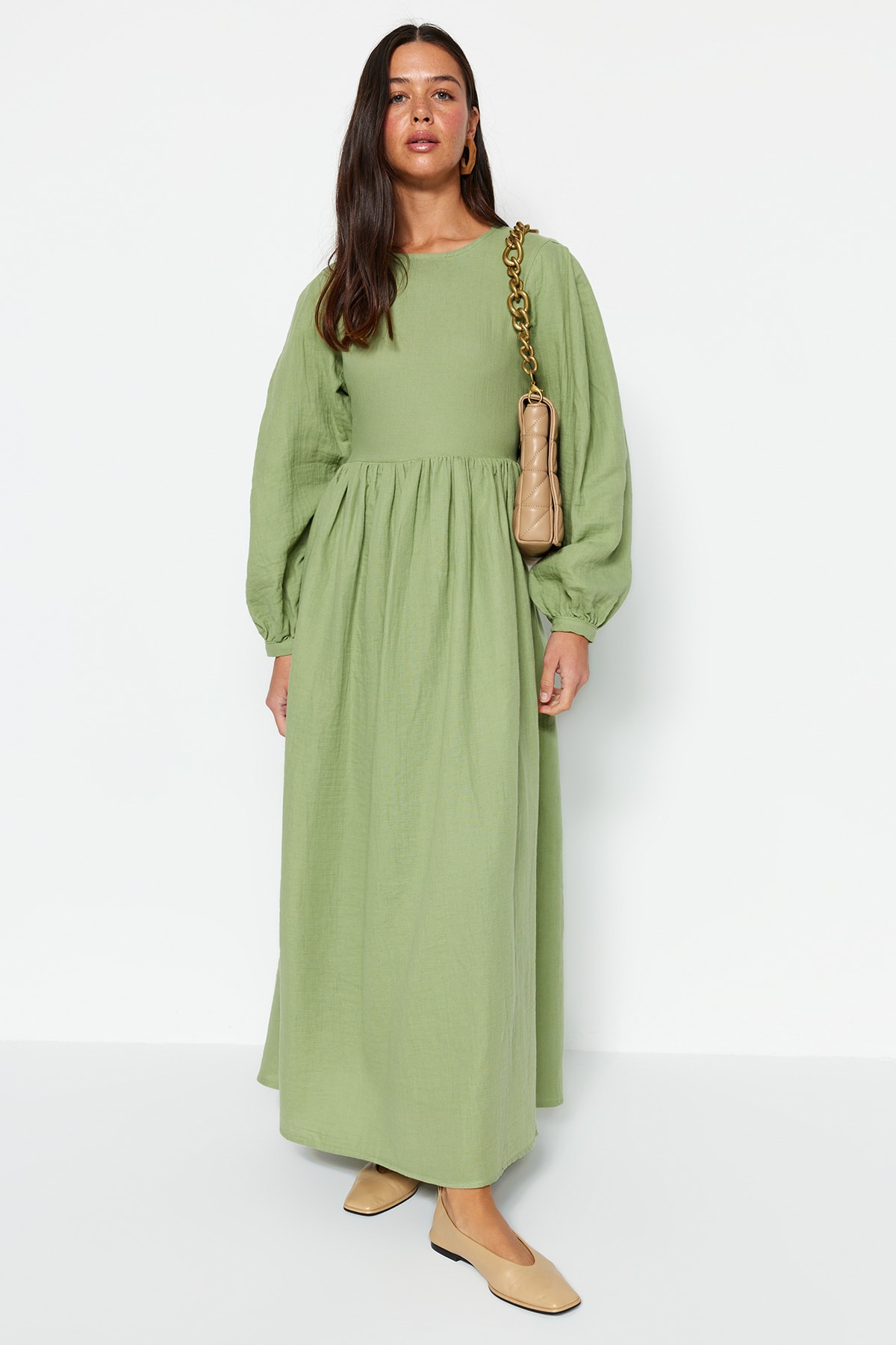 Trendyol Khaki Belted Comfort Fit Lined Muslin 100% Cotton Woven Dress