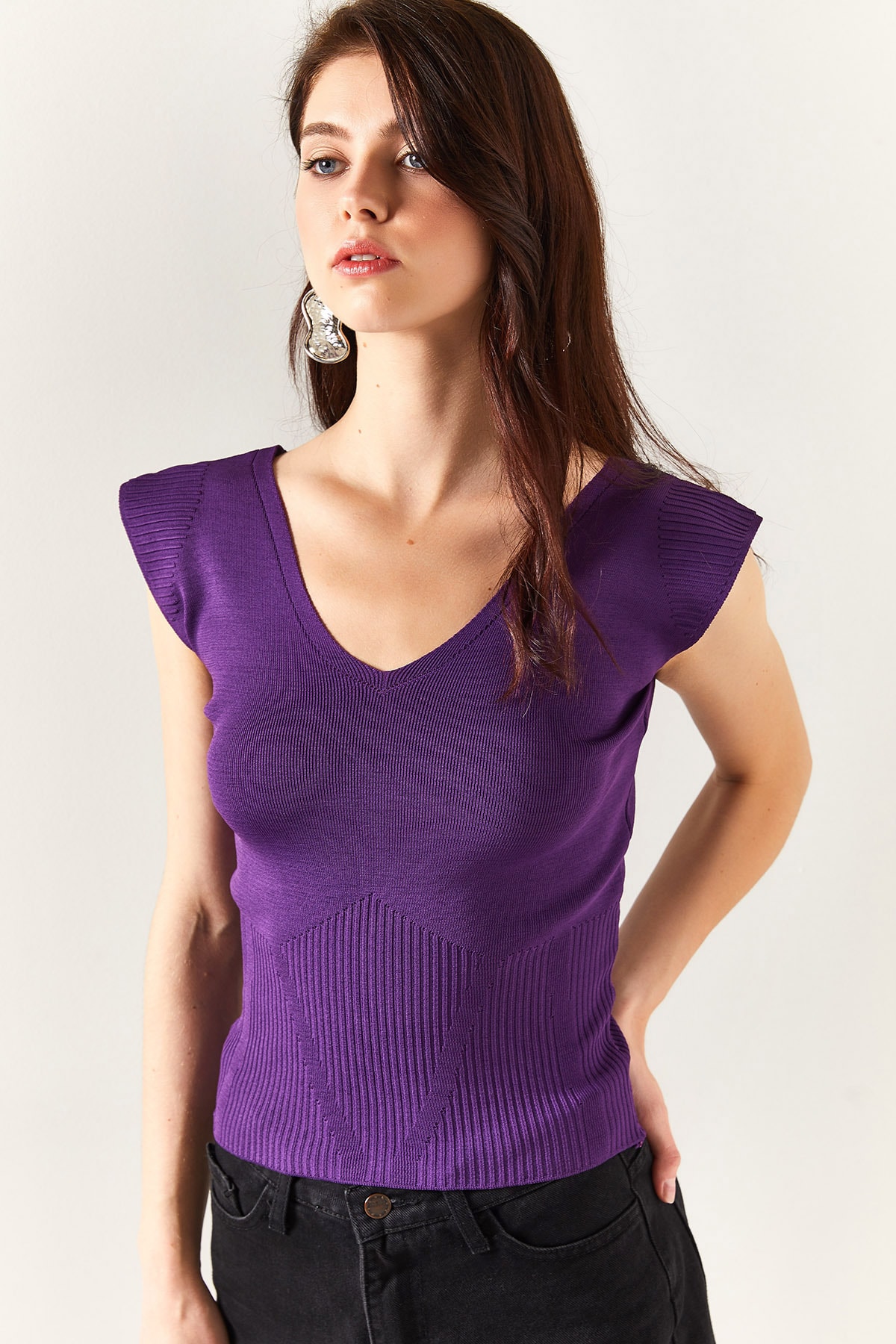 Levně Olalook Women's Purple Shoulder And Skirt Detailed Front Back V Knitwear Blouse