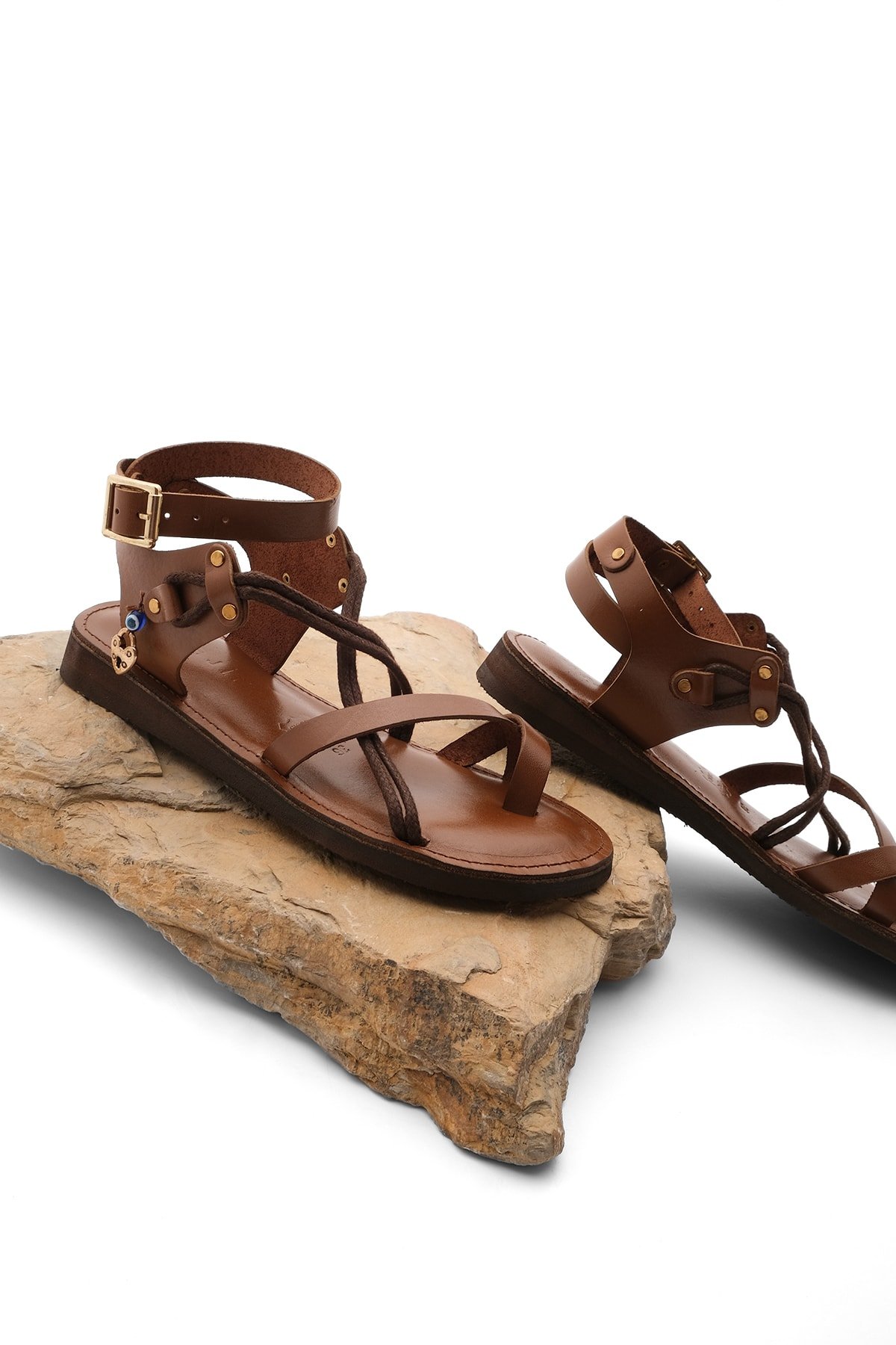 Levně Marjin Women's Genuine Leather Accessoried Eva Sole With Crossed Threads Detail Daily Sandals Rivade Tan.