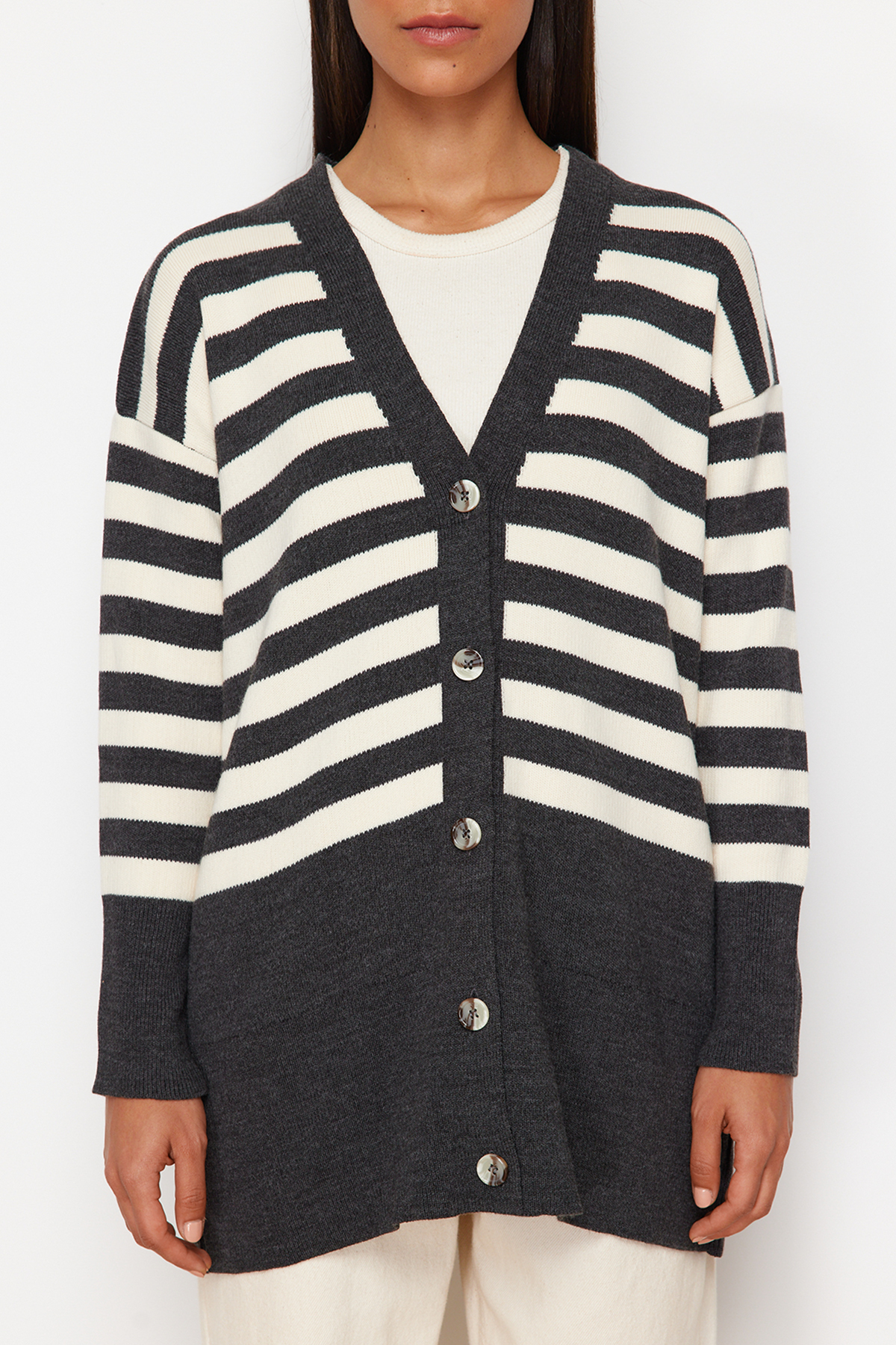 Trendyol Anthracite V-Neck Striped Knitwear Cardigan