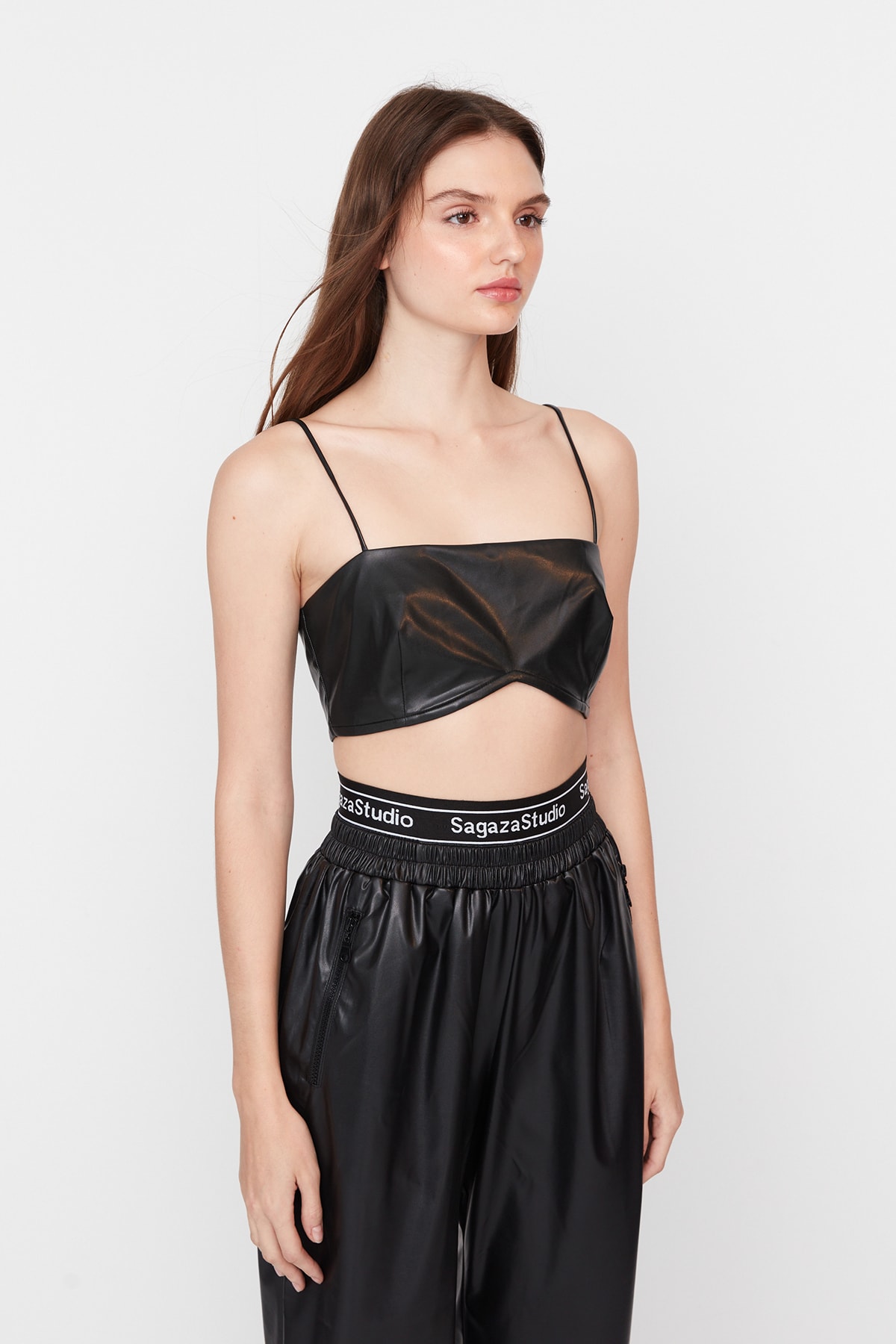 Trendyol X Sagaza Studio Black Faux Leather Bustier