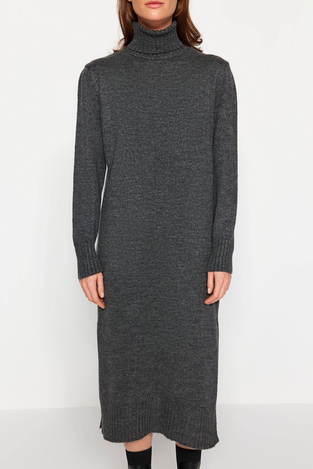 Trendyol Anthracite Midi Knit Wide Pattern Soft Texture Dress