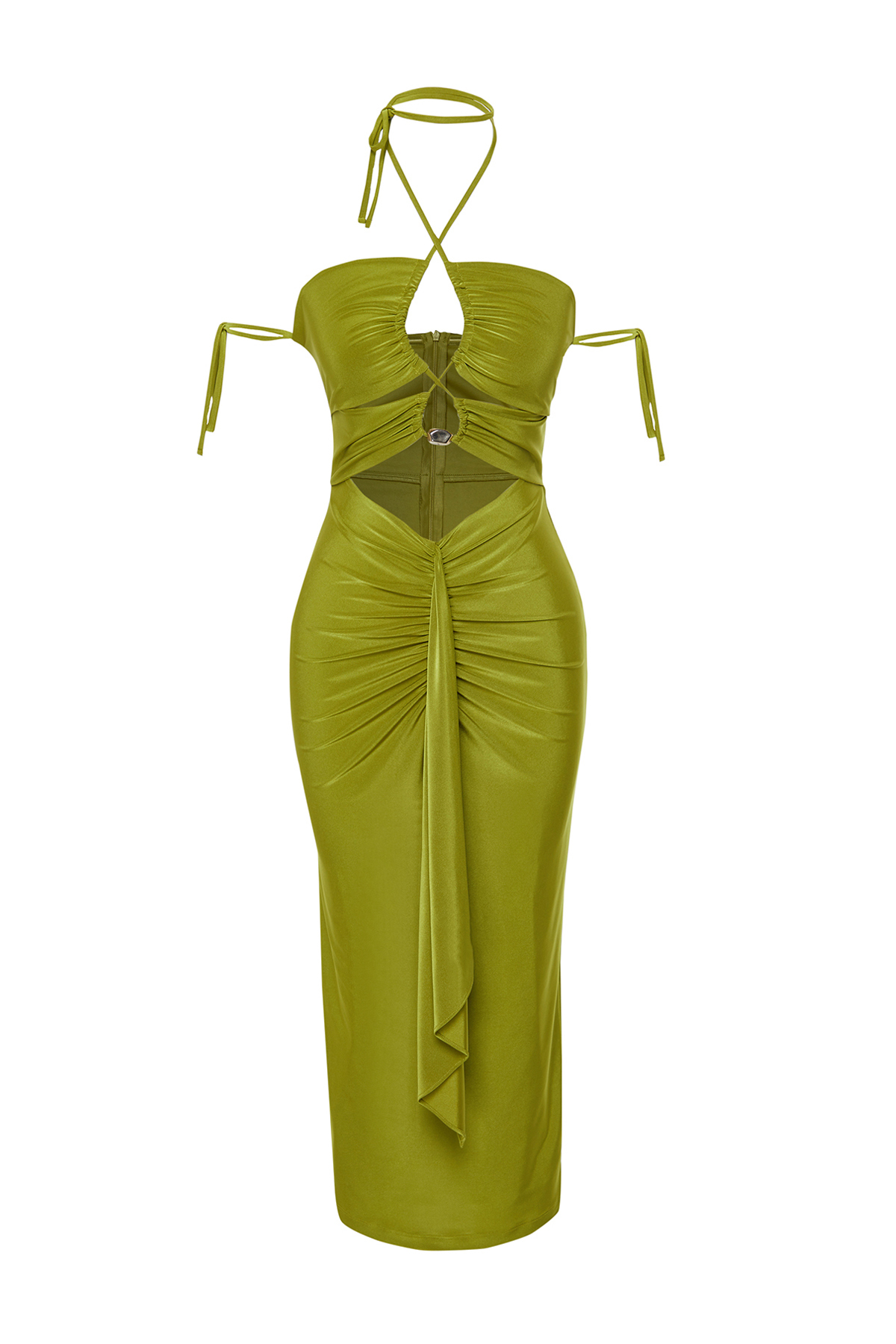 Trendyol X Zeynep Tosun Oil Green Elegant Evening Dress with Knitted Window and Accessory Detail