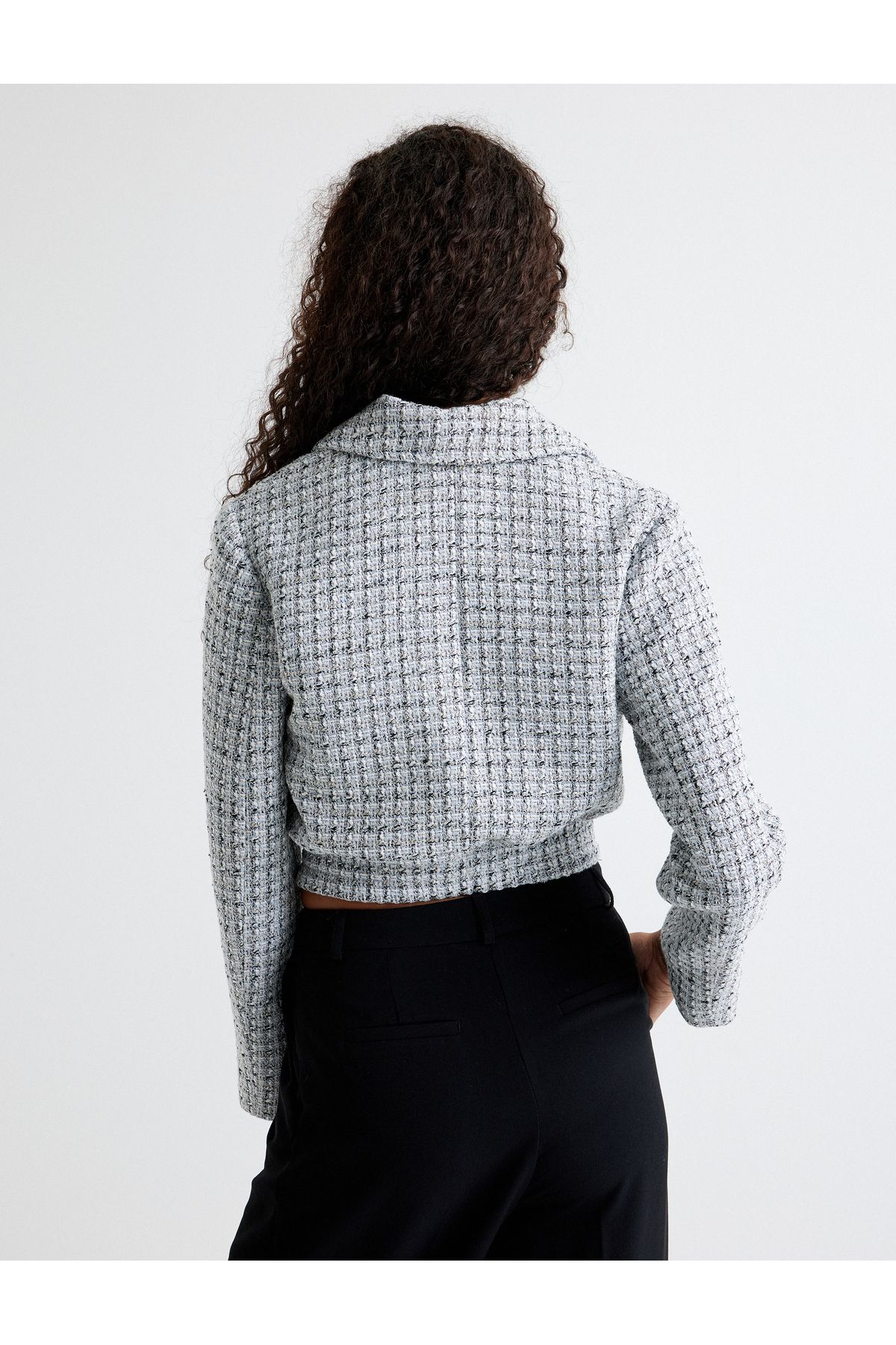 Koton Tweed Bomber Jacket with Pockets and Buttoned Shirt Collar