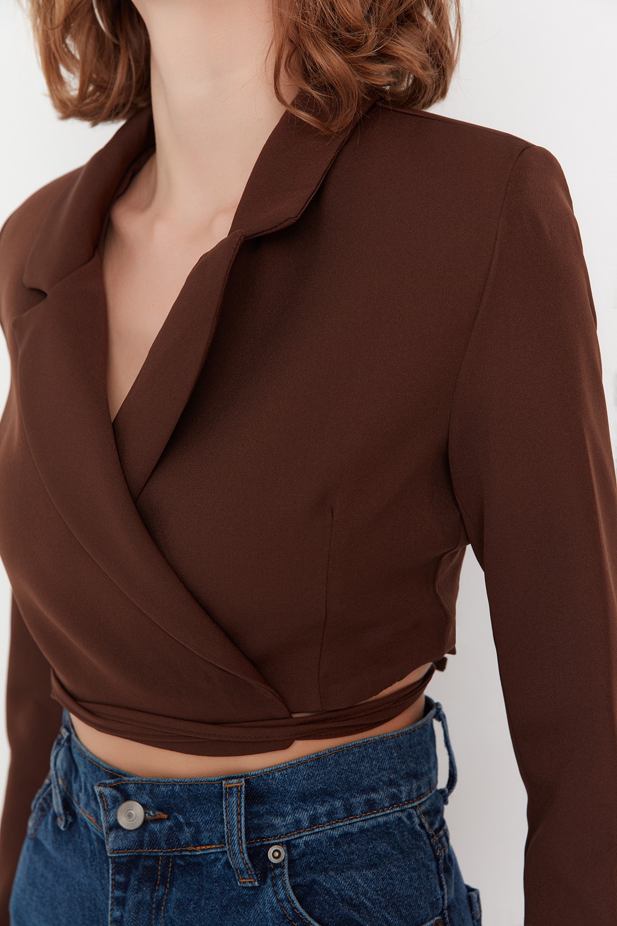 Trendyol Brown Crop Woven Lined Double Breasted Closure Blazer Jacket