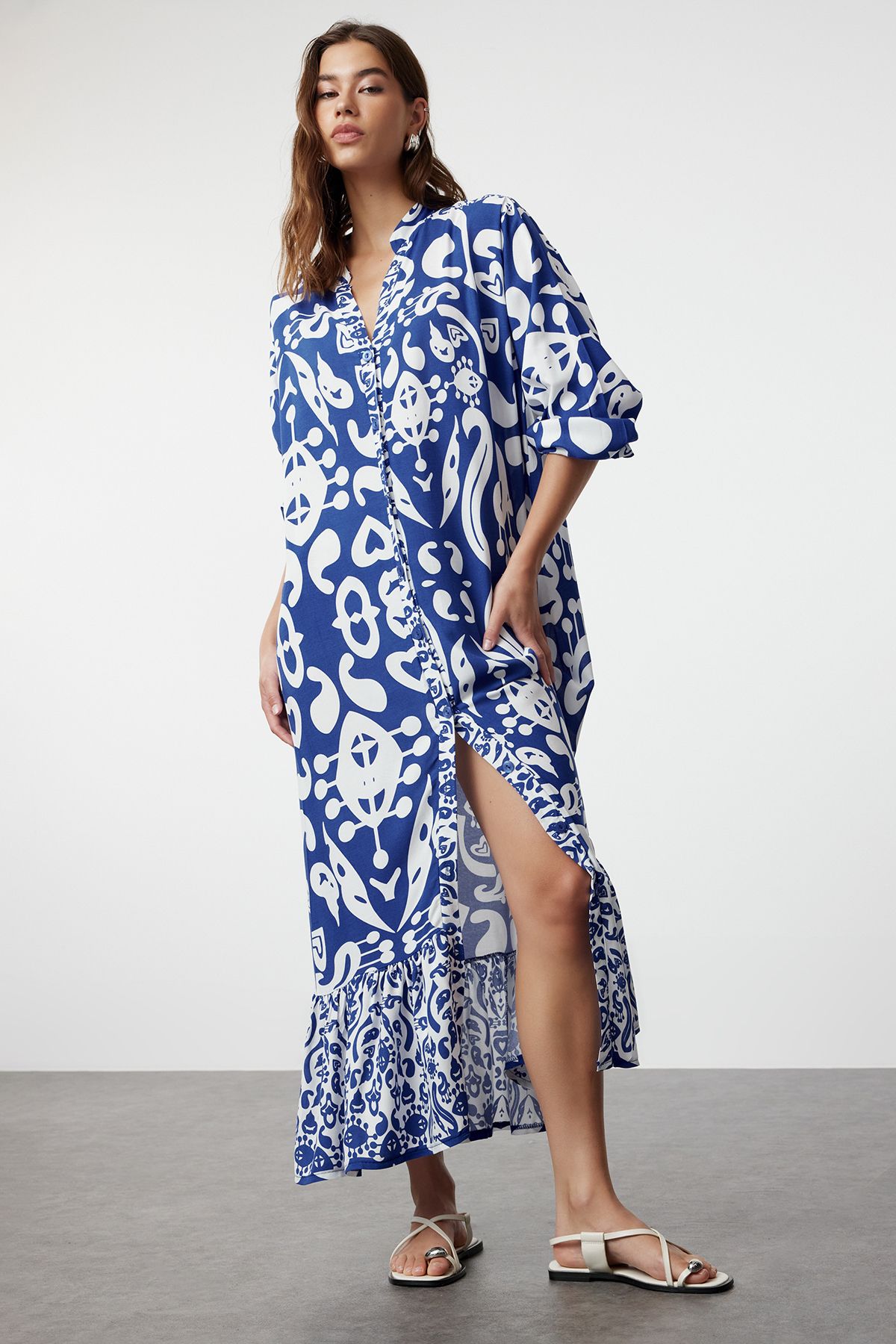 Trendyol Blue Printed Midi Wide Neck Border Pattern Detailed Woven Dress Woven Dress