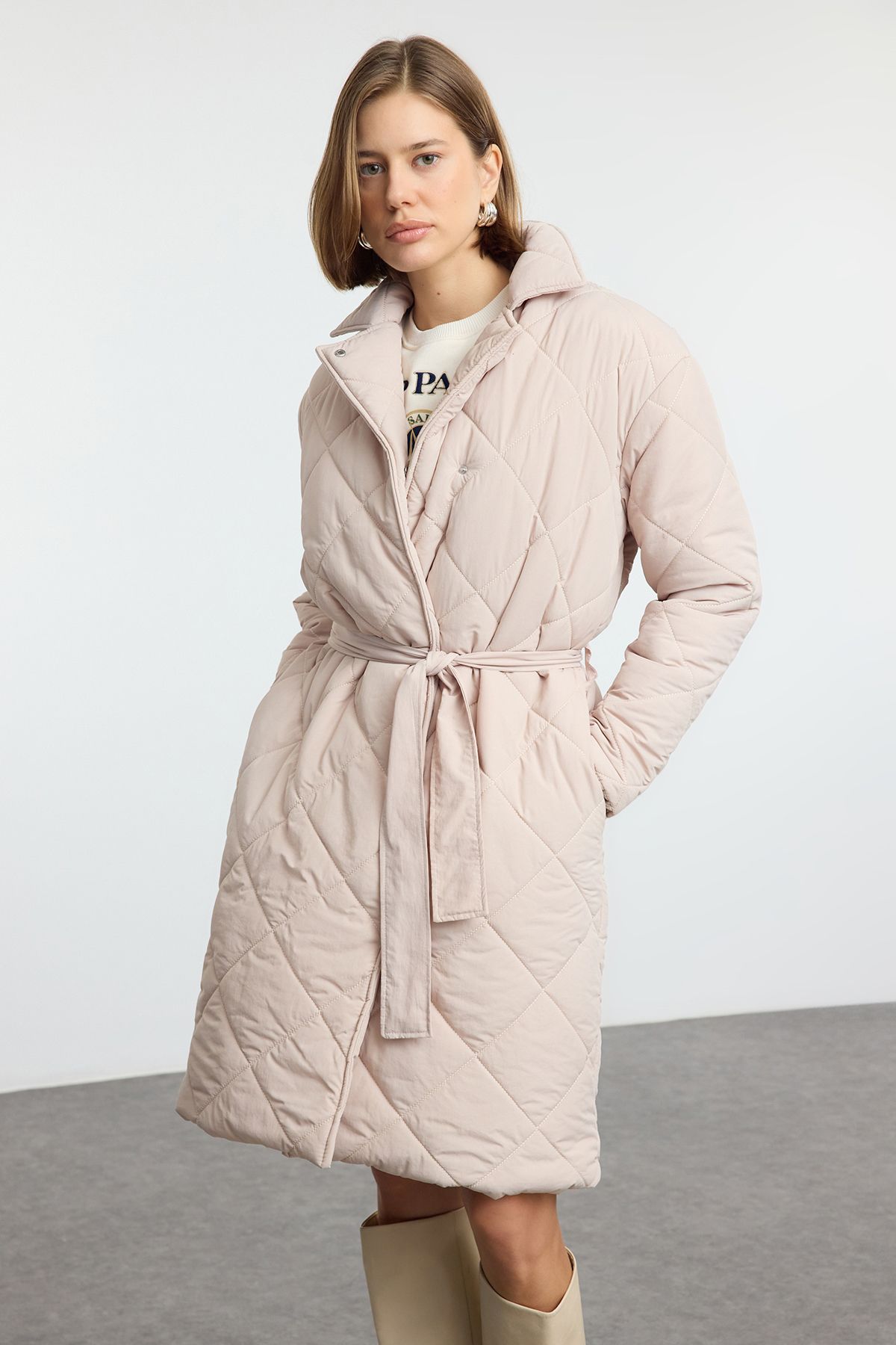 Trendyol Ecru Oversize Belted Long Quilted Puffer Coat
