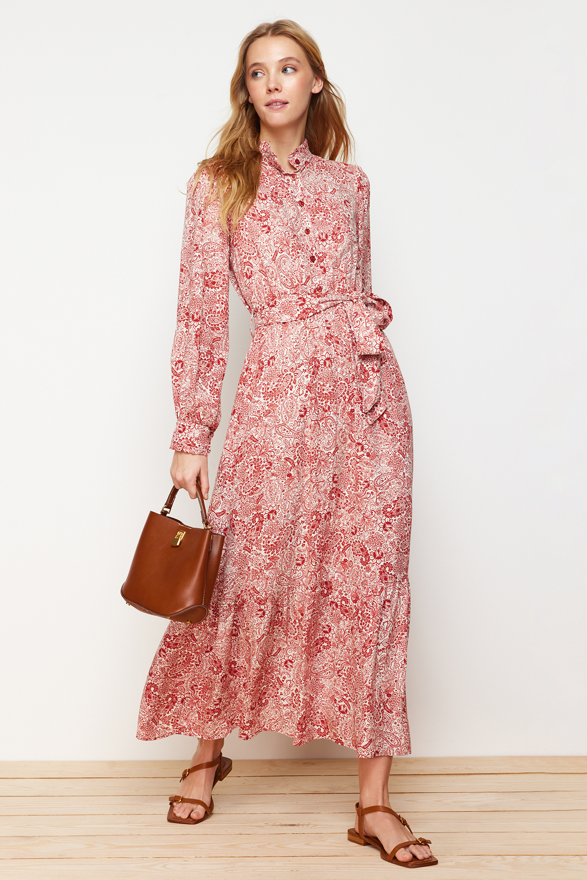 Trendyol Cinnamon Floral Viscose Woven Dress