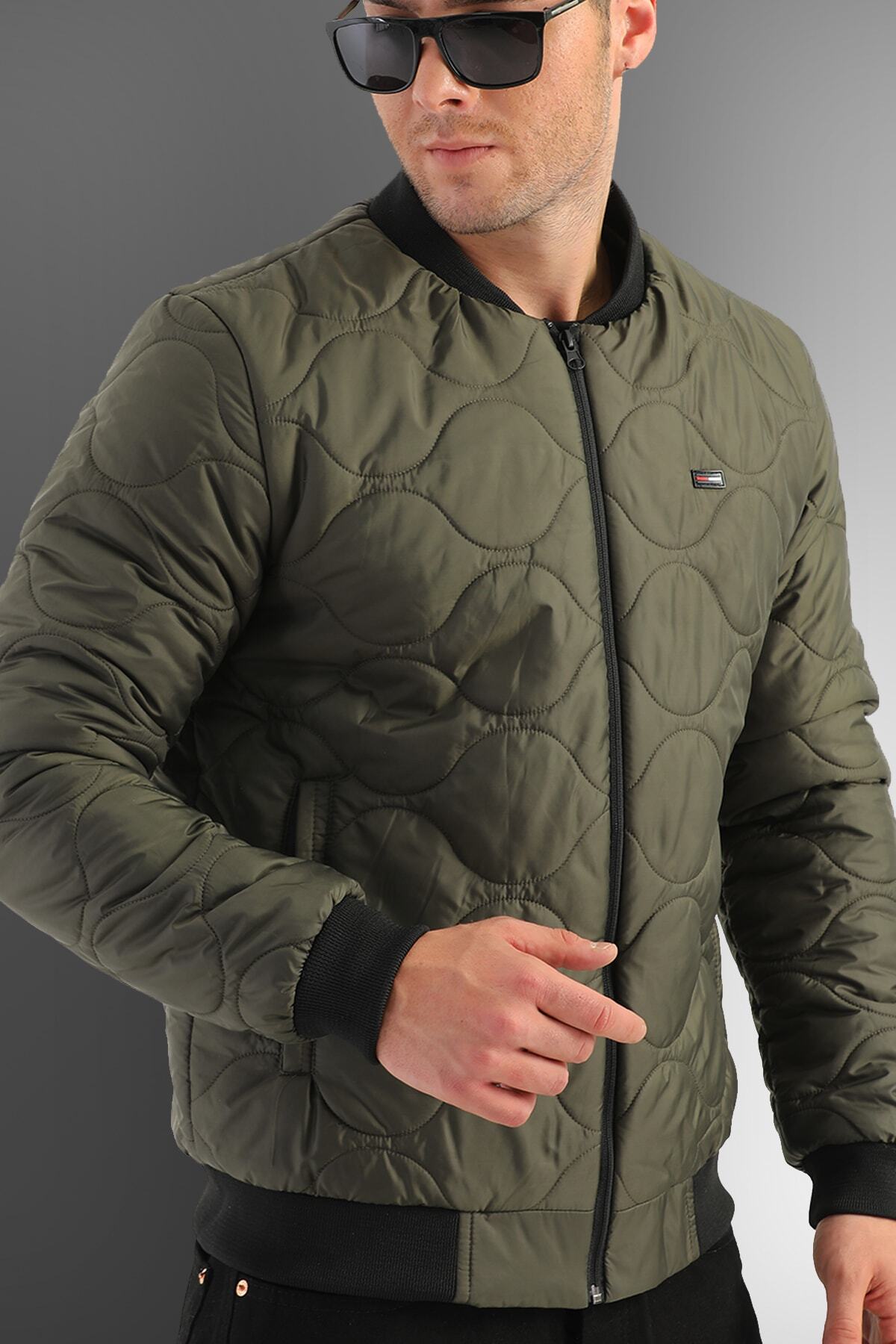 D1fference pánsky khaki vodný a vetruodolný prešívaný vzorovaný zimný kabát.