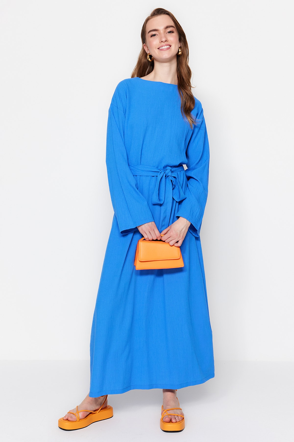 Levně Trendyol Saxe Blue Belted Woven Dress