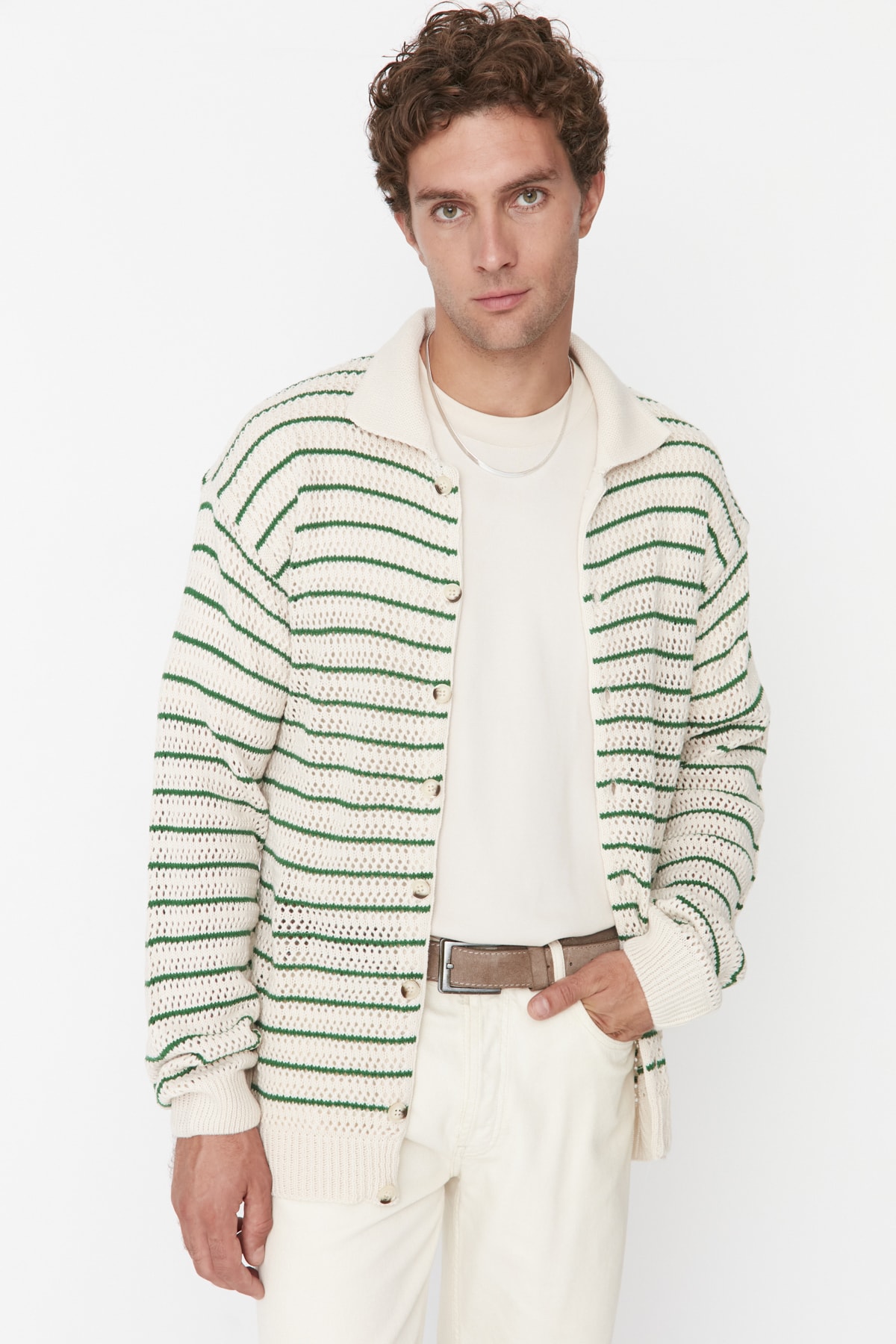 Trendyol Men's Ecru Regular Fit Crochet Detail Striped Knitwear Cardigan