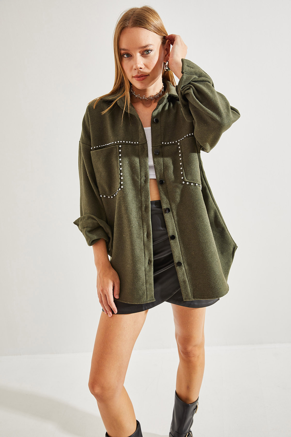 Jachetă Bianco Lucci Women's Stone Embroeded Cachet cu buzunare duble