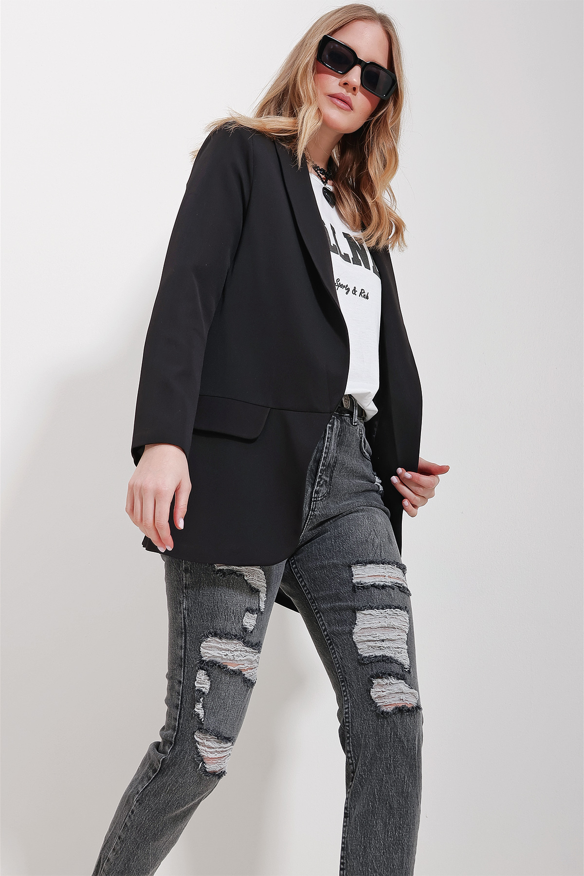 Levně Trend Alaçatı Stili Women's Black Shawl Collar Lined Jacket