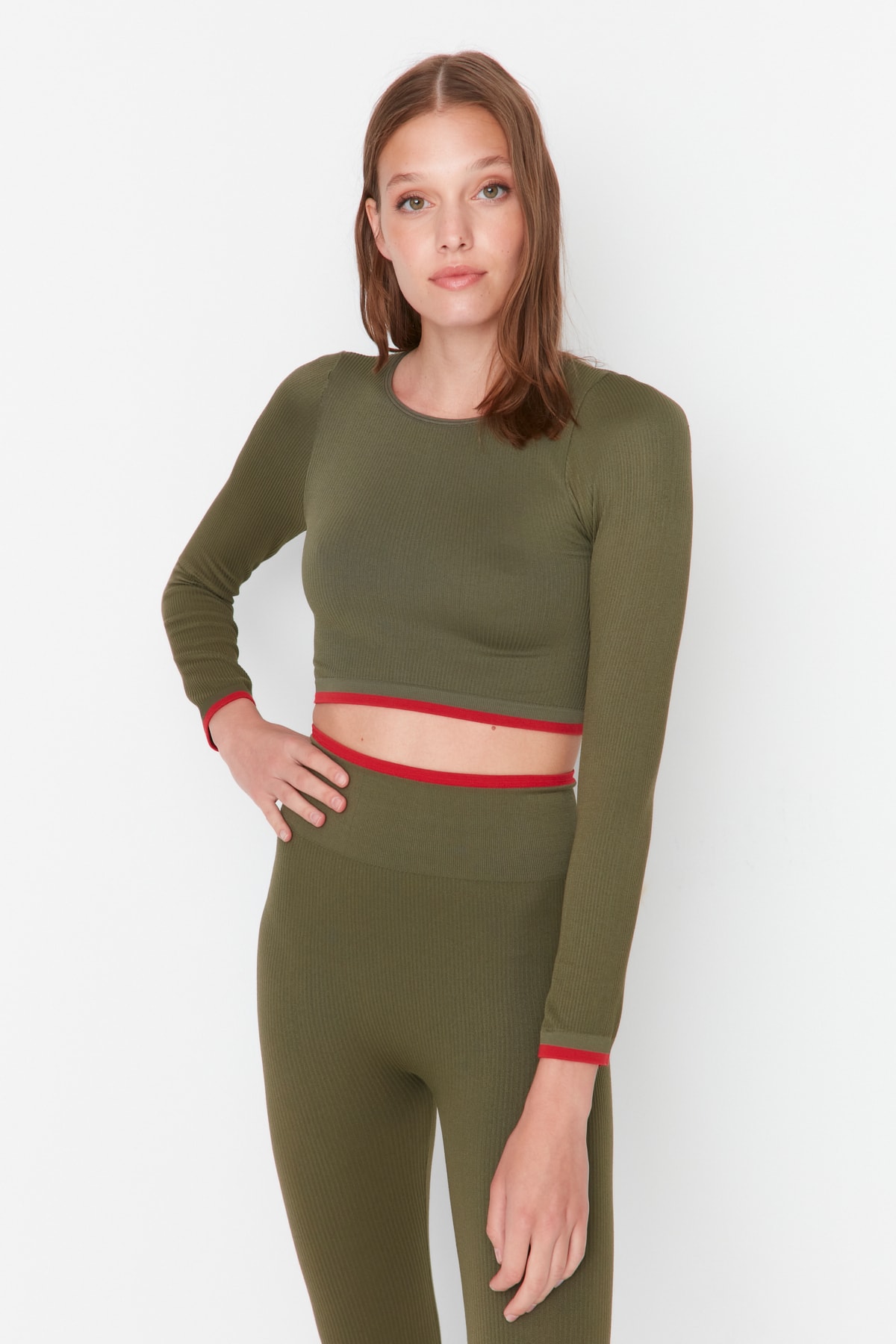 Trendyol Khaki Seamless/Seamless Crop Extra Stretchy Contrast Color Detail Knitted Sports Top/Blouse