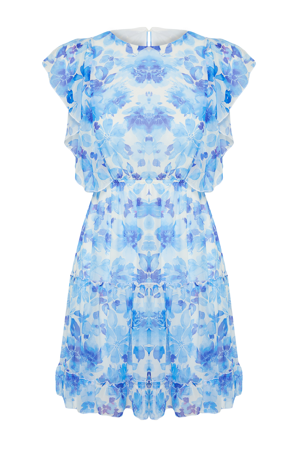 Trendyol Blue Floral Waist Opening Ruffle Mini Woven Dress
