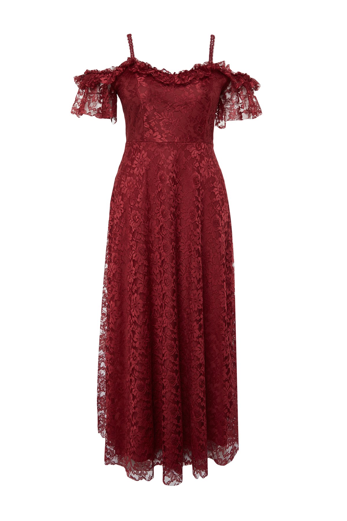 Trendyol Curve Burgundy Lace and Guipure Woven Evening Dress