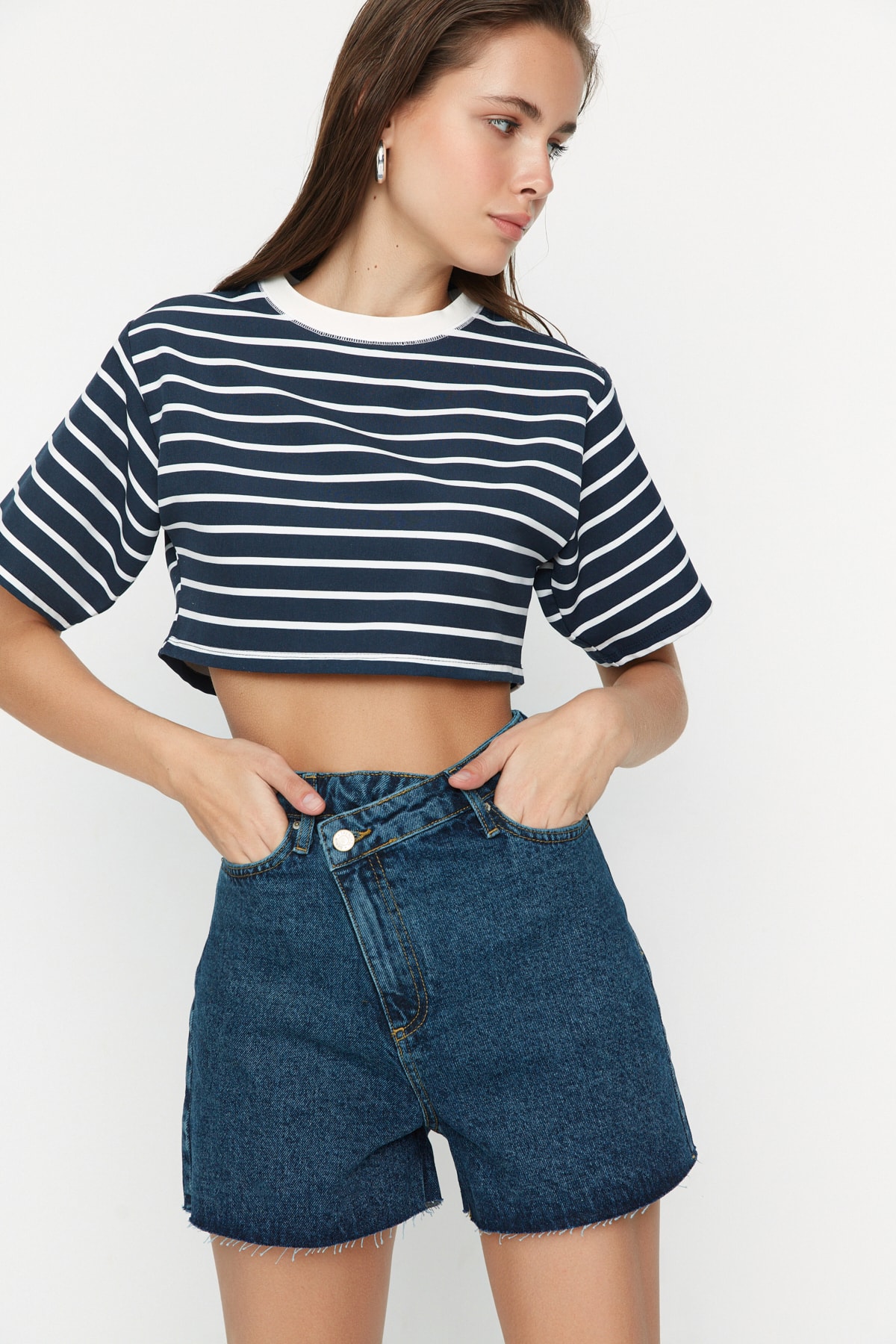 Trendyol Blue Tall Asymmetrical Closure High Waist Denim Shorts