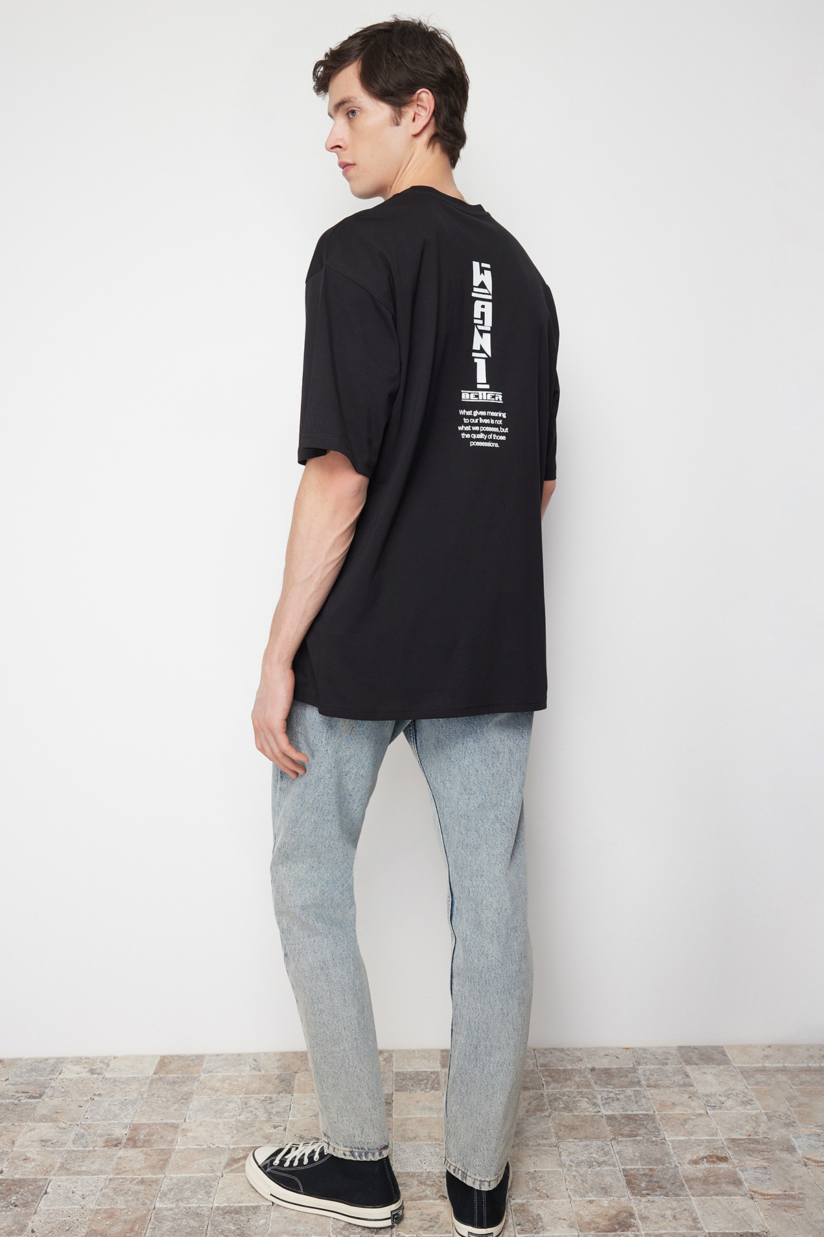 Trendyol Men's Black Oversize/Wide-Fit Text Printed Back 100% Cotton T-shirt