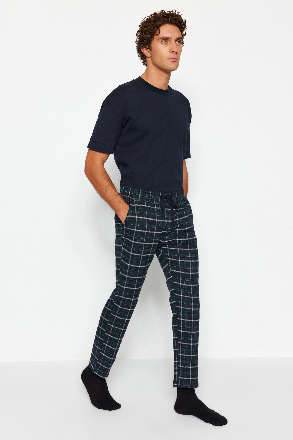 Trendyol Men's Navy Blue Green Plaid Regular Fit Woven Pajama Bottoms