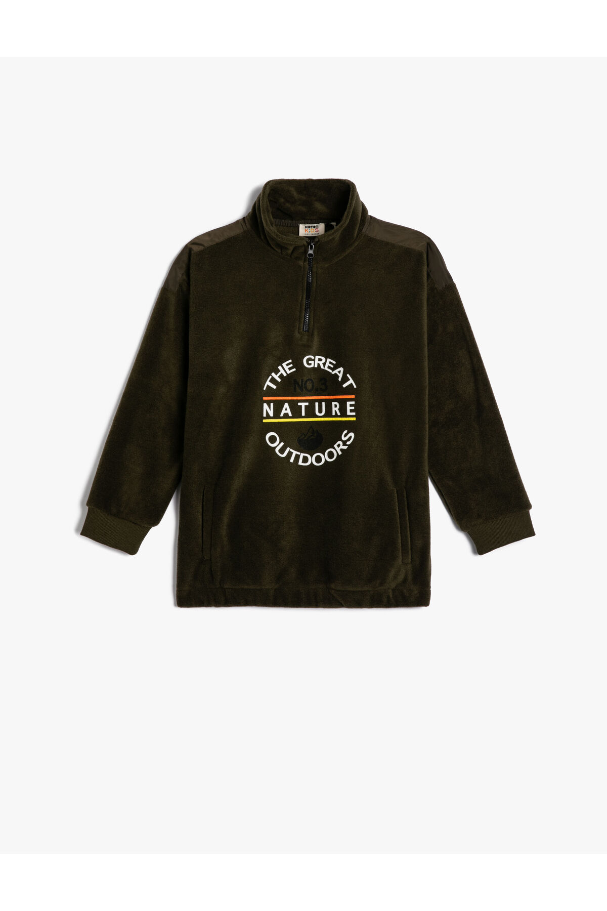 Levně Koton Fleece Sweatshirt Oversize Half Zipper Stand Collar Pocket Print Detailed
