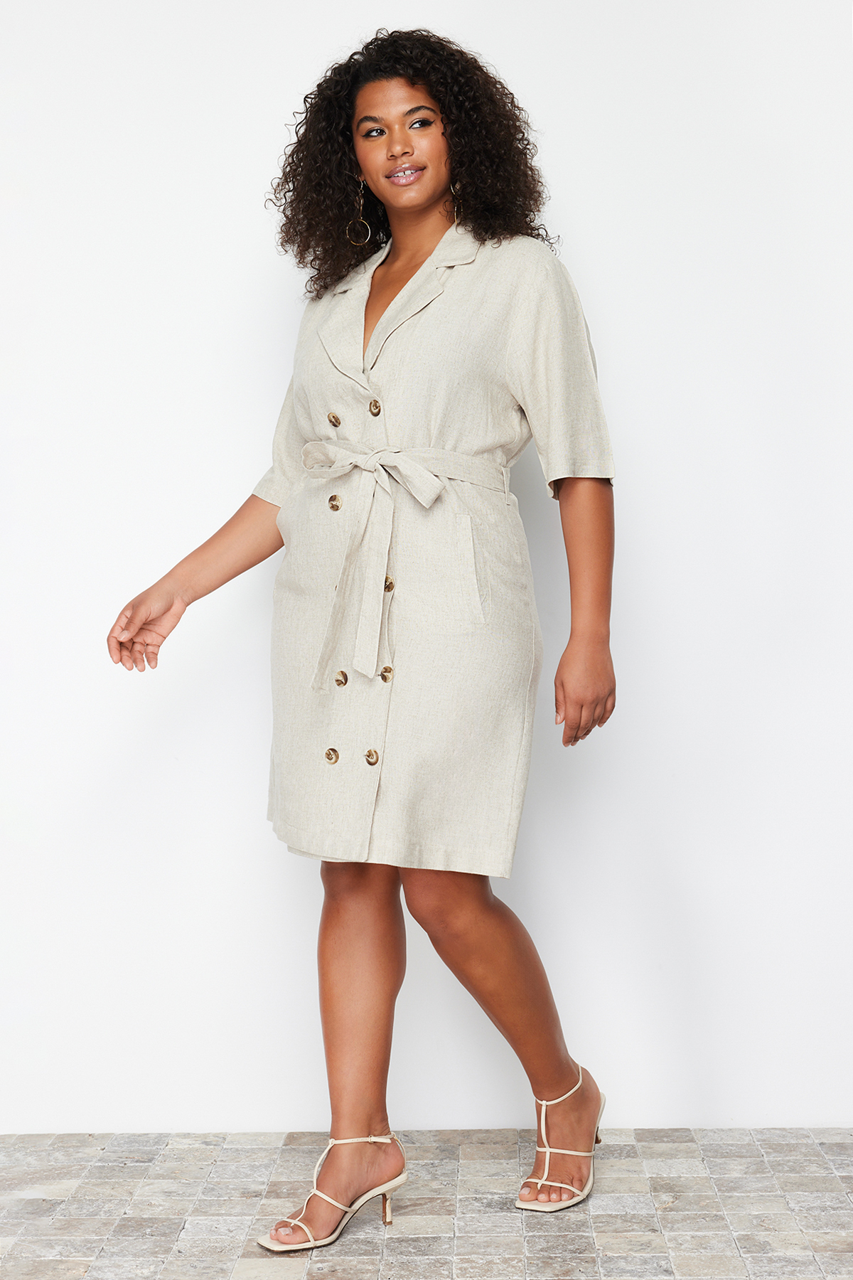 Trendyol Curve Beige Double Breasted Woven Jacket Linen Blend Dress
