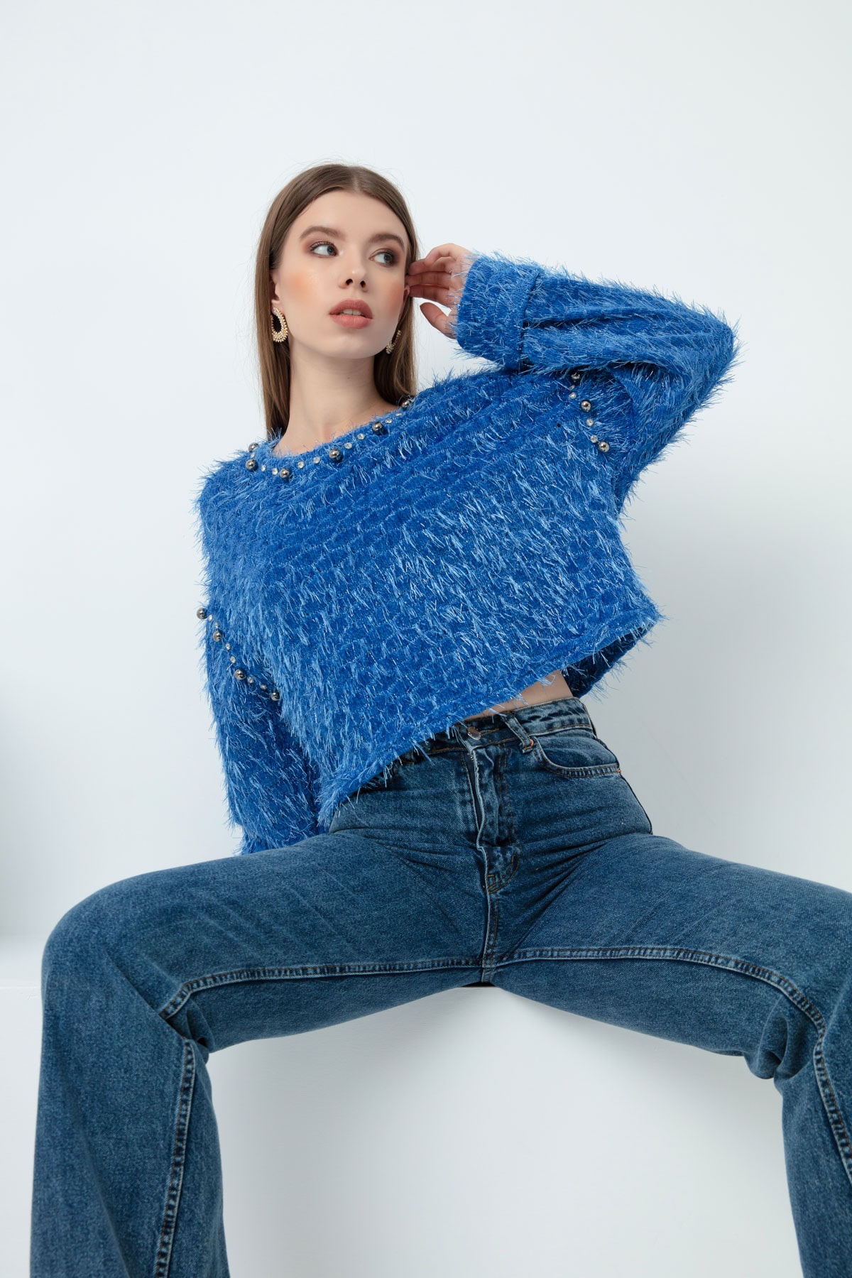 Levně Lafaba Women's Blue Feather Silvery Sweater