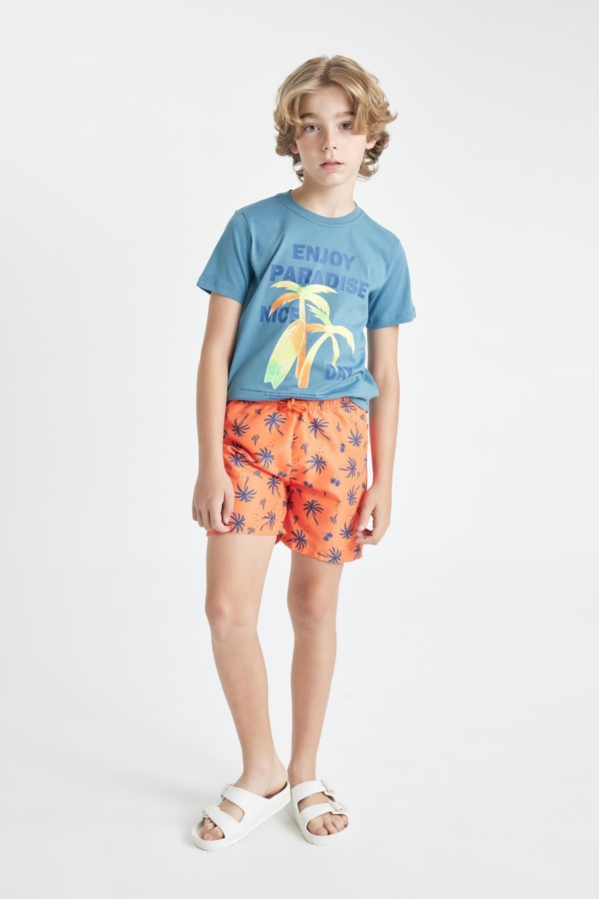 DEFACTO Oversized Palm Printed Short Sleeve T-Shirt Swim Shorts 2-Piece Set