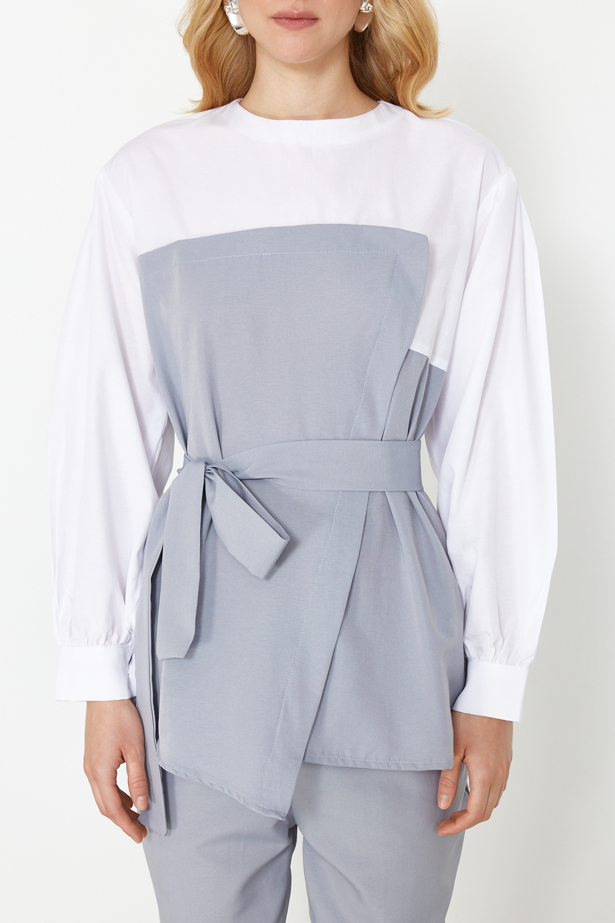 Trendyol Gray Color Blocked Cotton Woven Bottom-Top Set