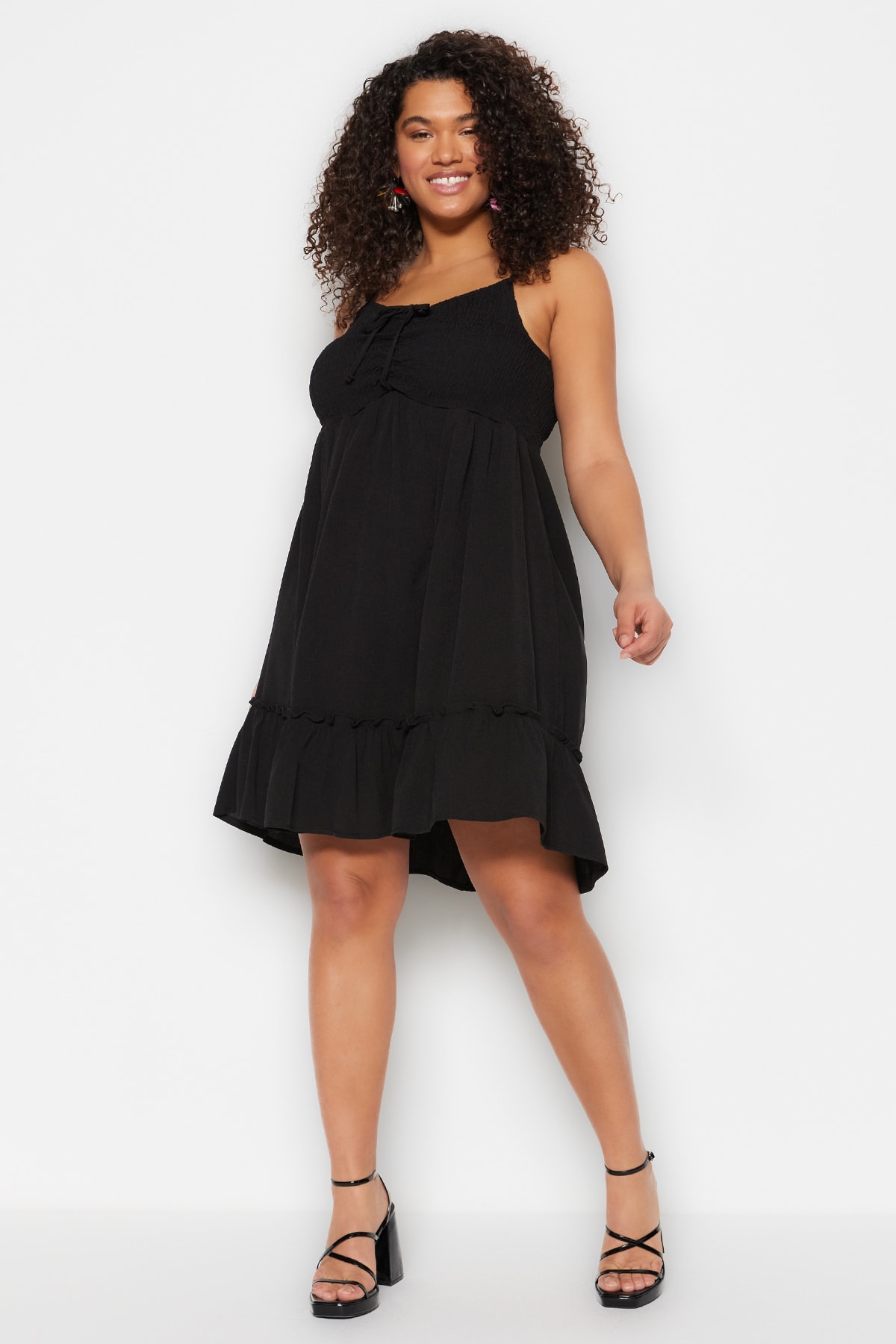 Trendyol Curve Black Woven Gippe Strap Dress