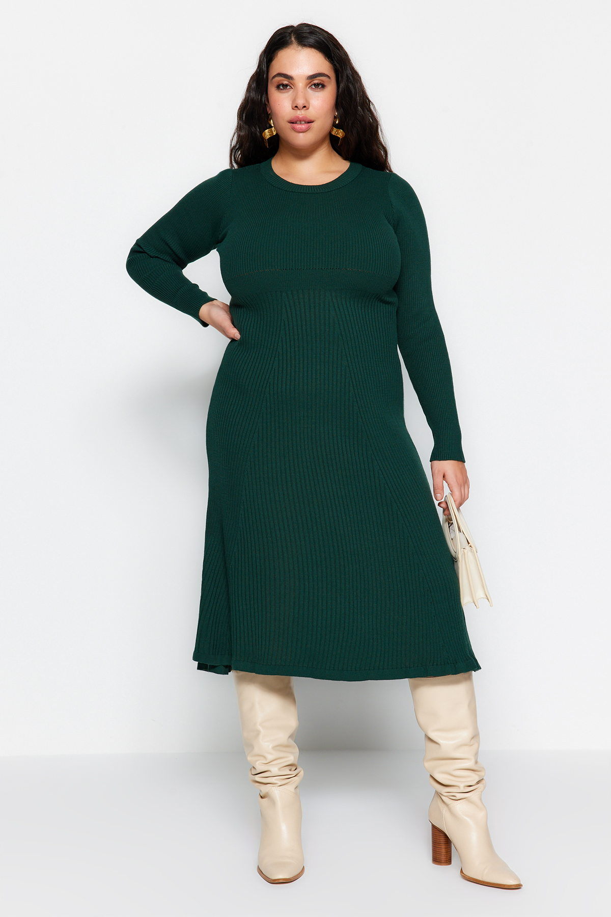 Trendyol Curve Emerald Green Crew Neck Midi pletené šaty