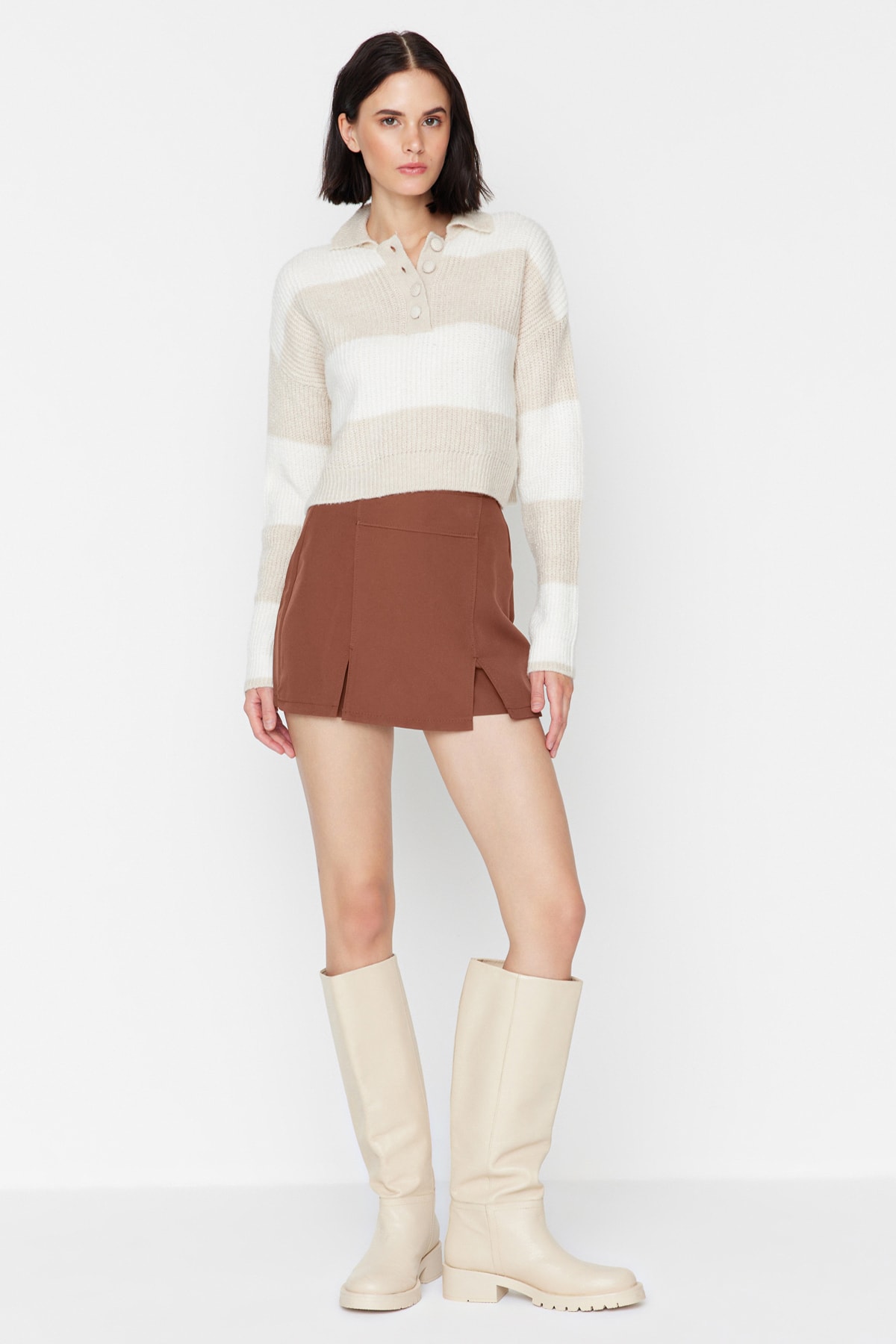 Trendyol Brown Super Mini Weave Short Skirt With Double Slits