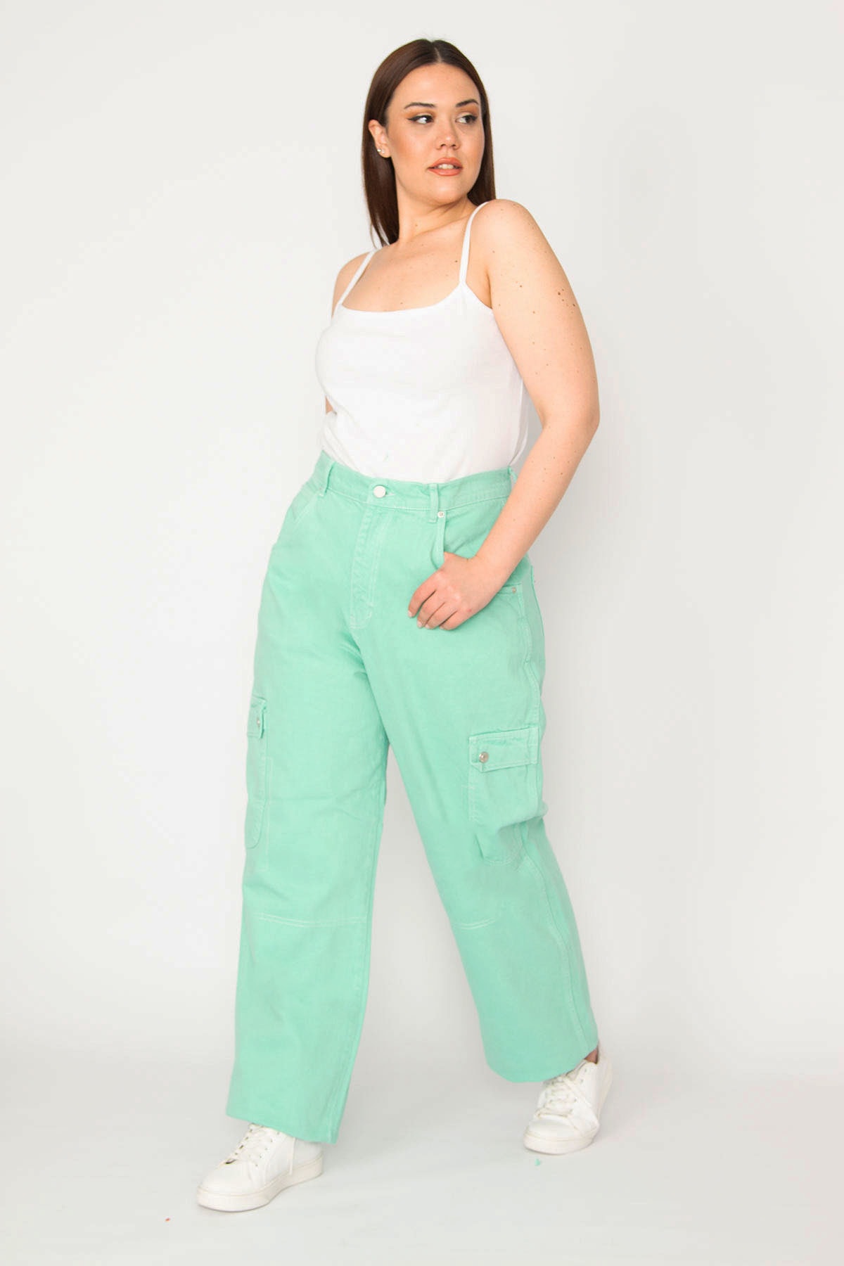 Şans Women's Plus Size Green Cargo Pocket Jean Trousers