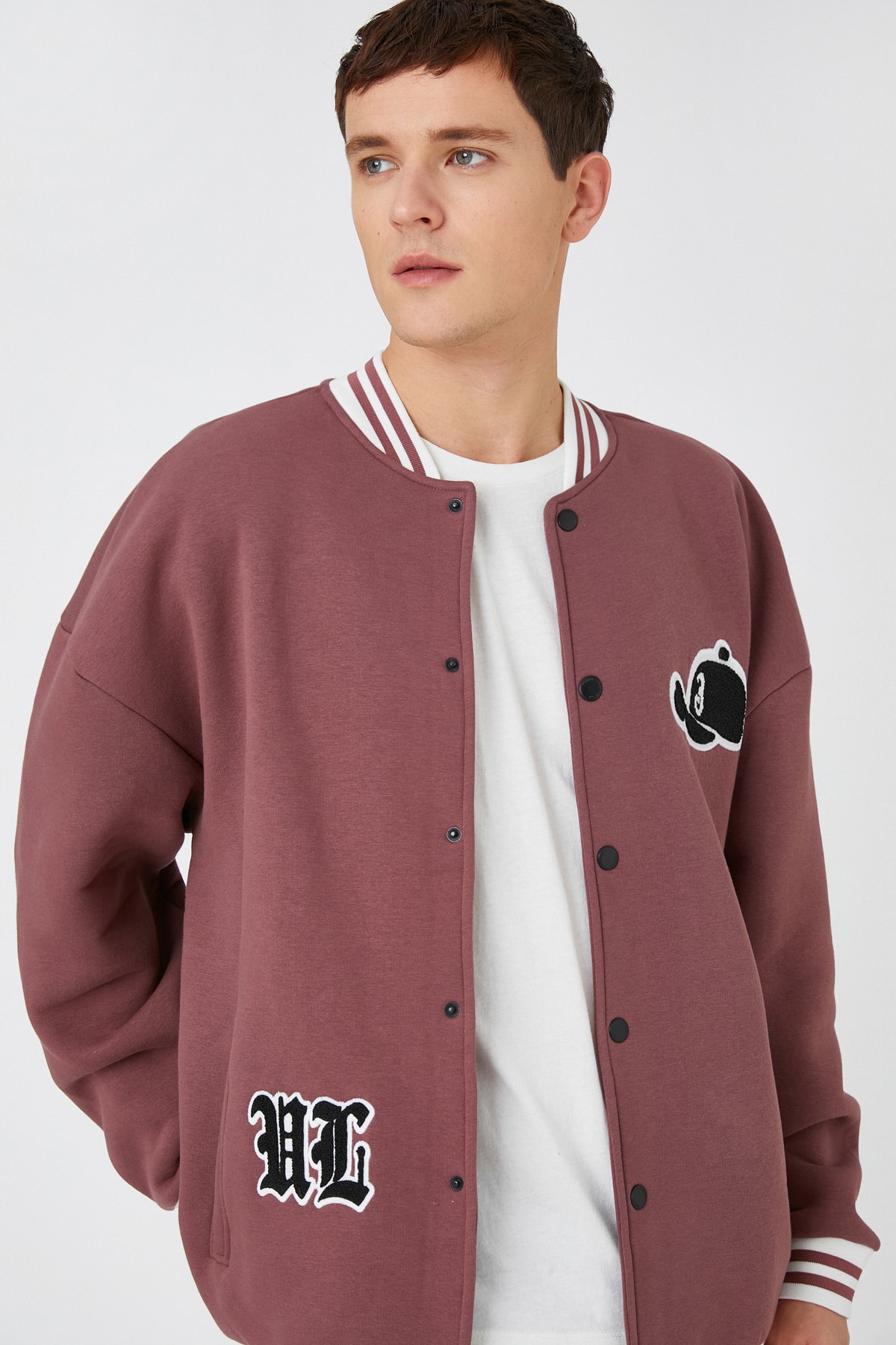 Koton College Jacket Bomber Collar Embroidery Detail Snaps Pocket