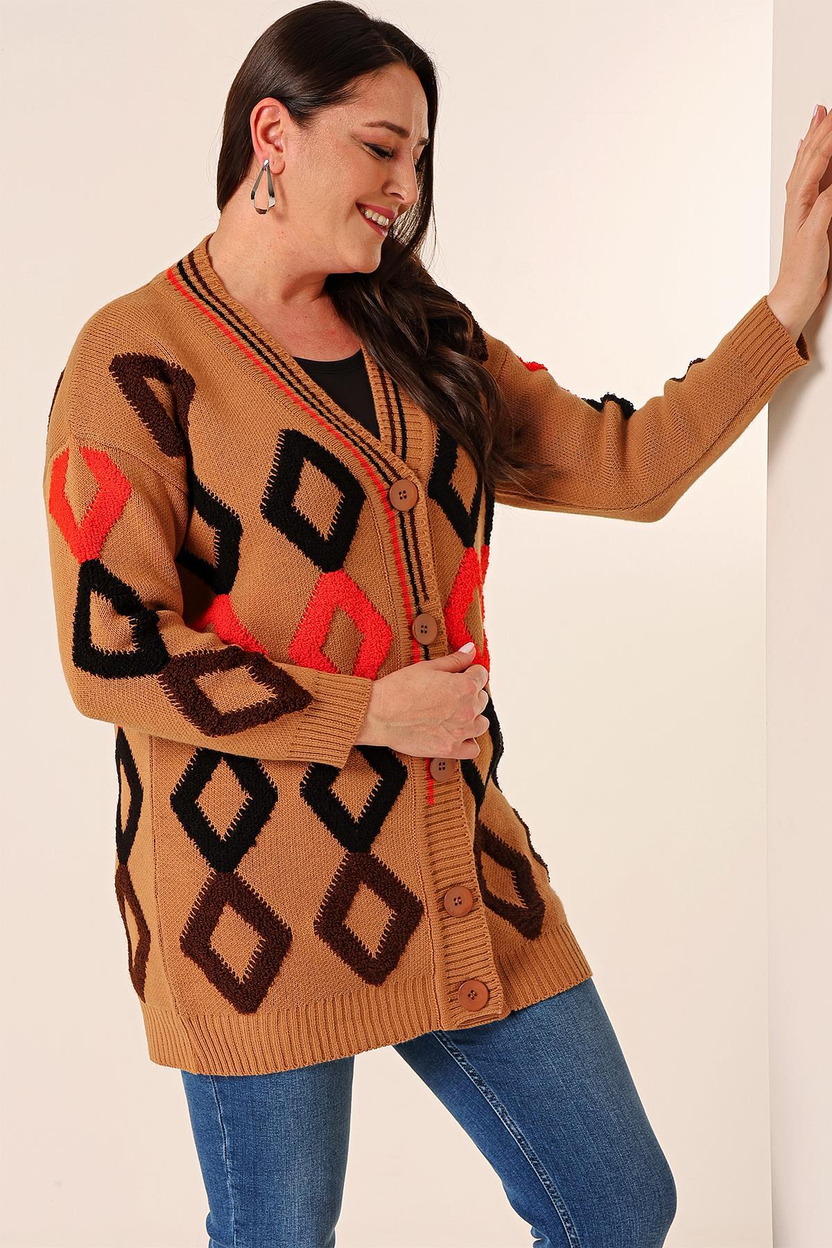 By Saygı Oversize Towel Baklava Pattern Long Knitwear Cardigan
