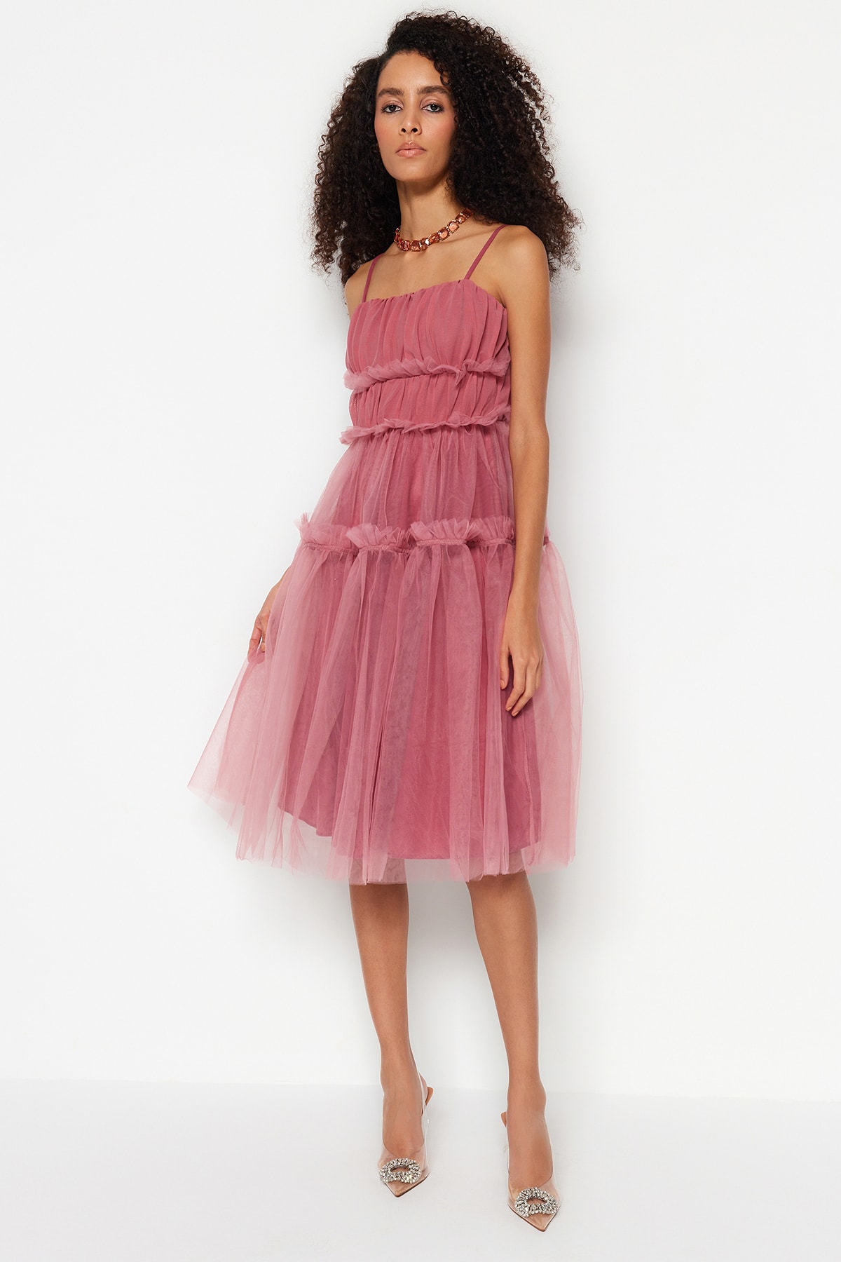 Rochie eleganta de seara Trendyol Dry Rose Tulle care se deschide in talie/patinatoare captusita