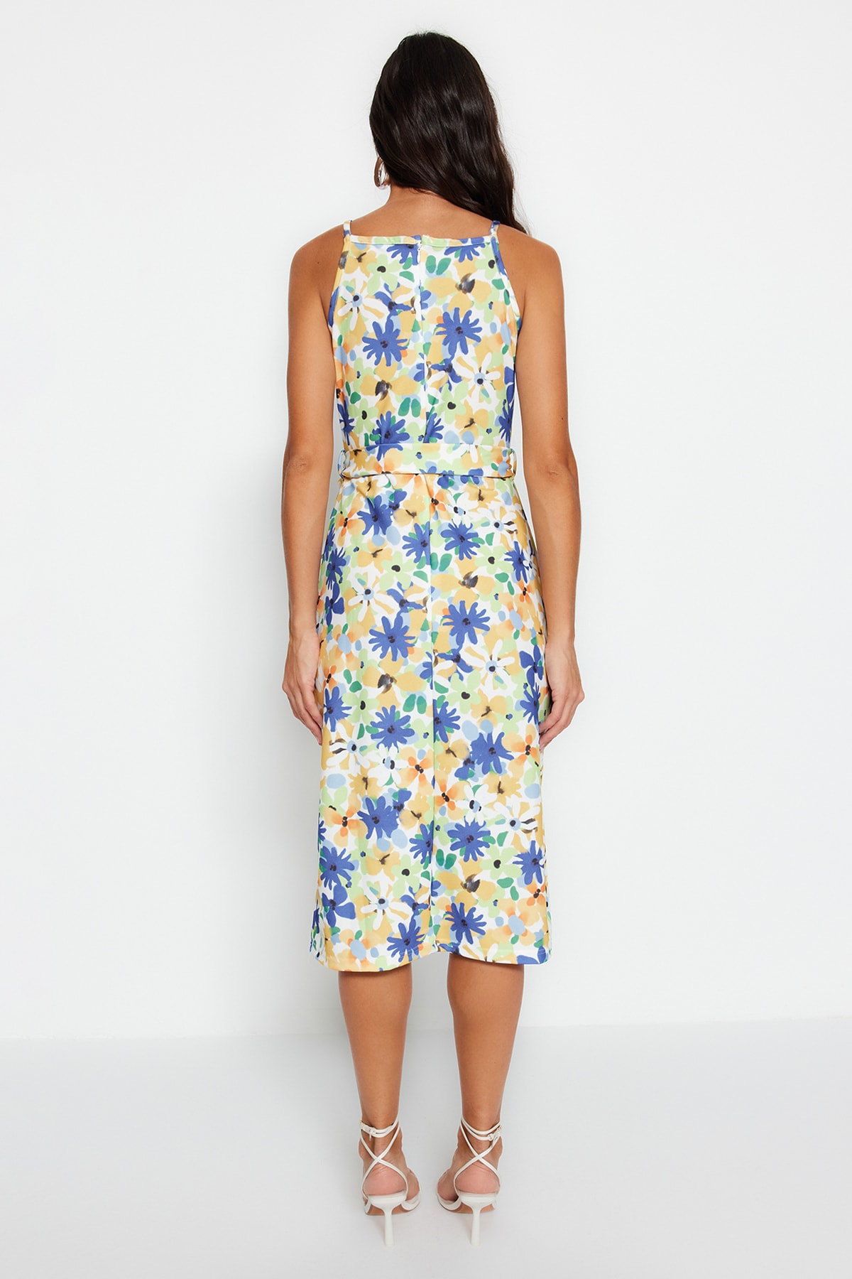 Trendyol Green Floral Print Halter Neck Belted Crepe Midi Knitted Dress