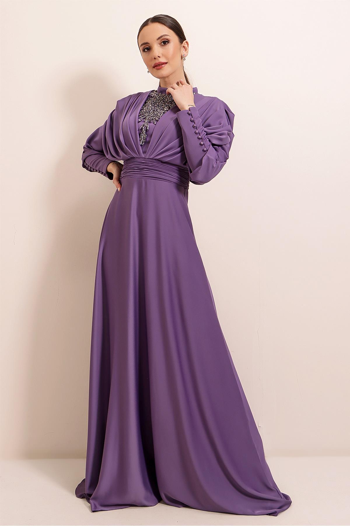 By Saygı Lined Front Beaded Satin Long Dress With Gathered Button Detailed Sleeves