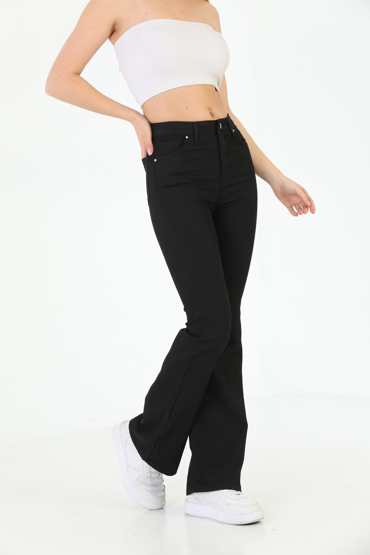 Levně BİKELİFE Dámské černé rozšířené kalhoty s dlouhými nohavicemi Flexible Lycra