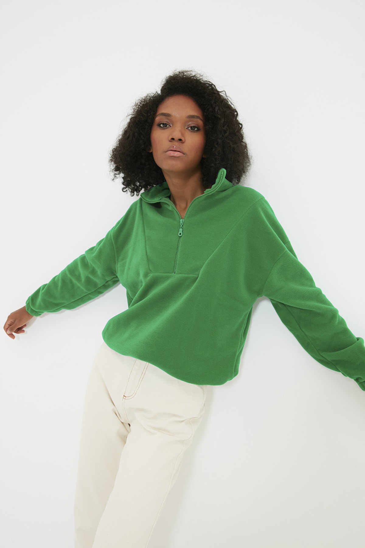 Levně Trendyol Emerald Zipper Detailed Fleece Knitted Sweatshirt