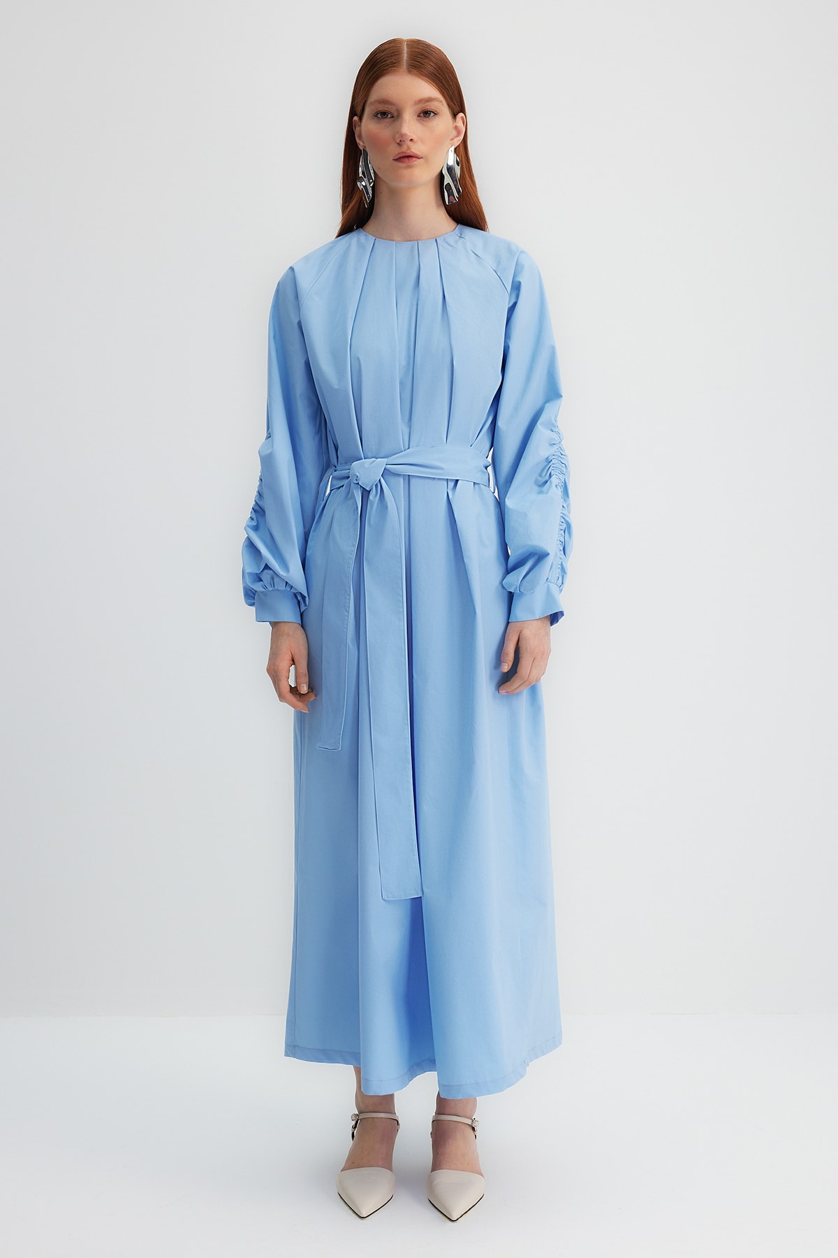 Trendyol X Kevser Sarıoğlu Blue Belted Woven Dress with Pleat Detailed Collar and Gathered Sleeves