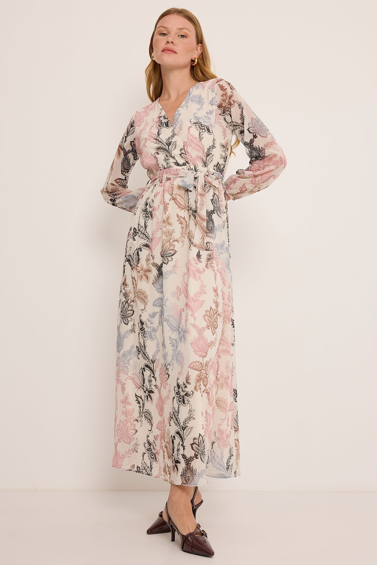 Bigdart Women's Dusty Rose Black Floral Patterned Chiffon Dress 2134